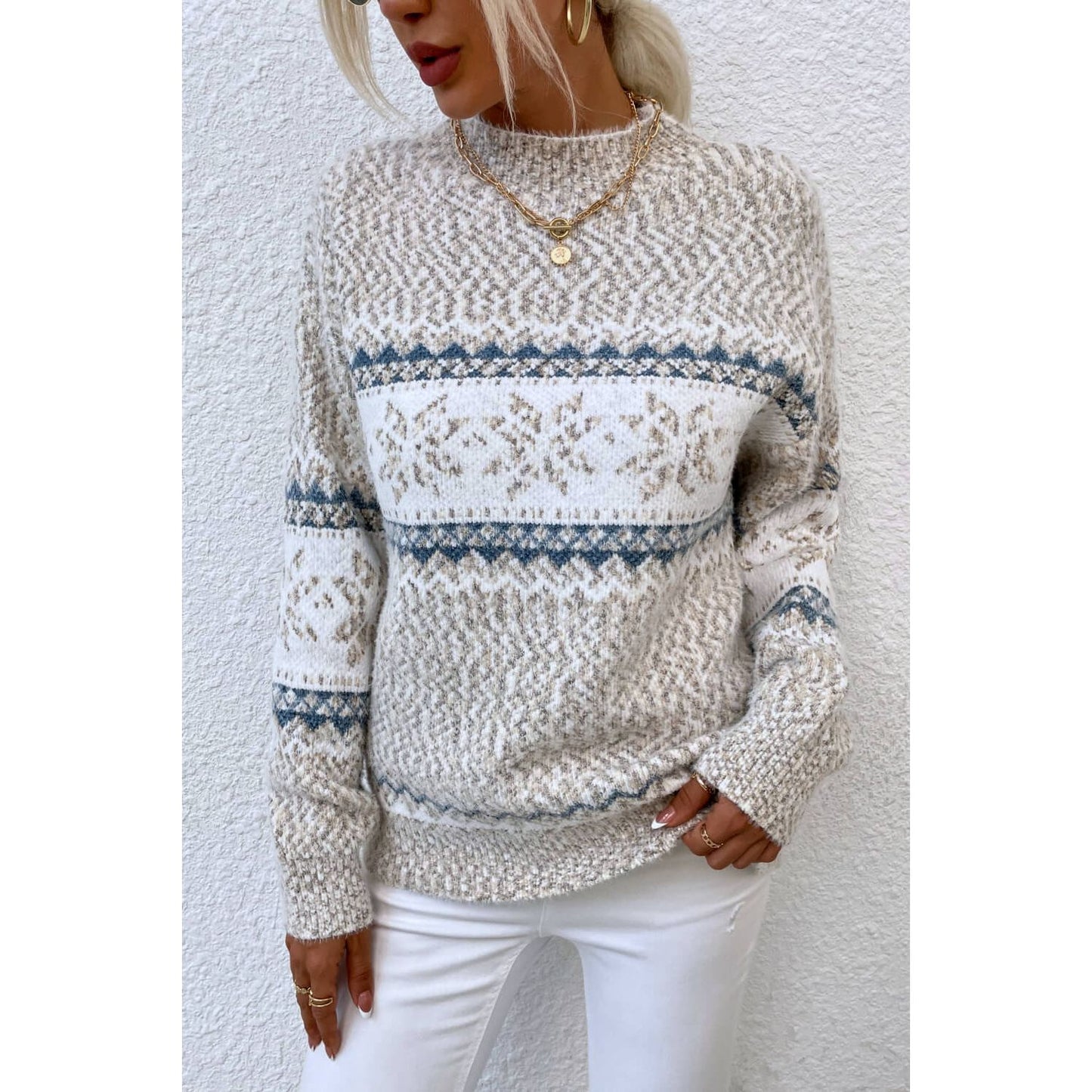 Snowflake Pattern Mock Neck Sweater