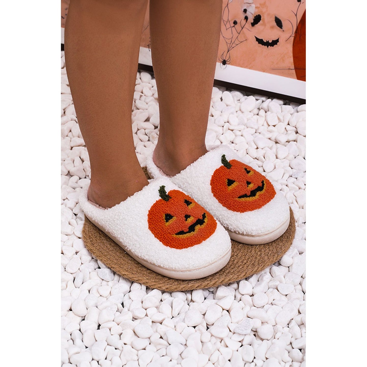 White Halloween Pumpkin Print Plush Slippers (Runs Small, Size Up)