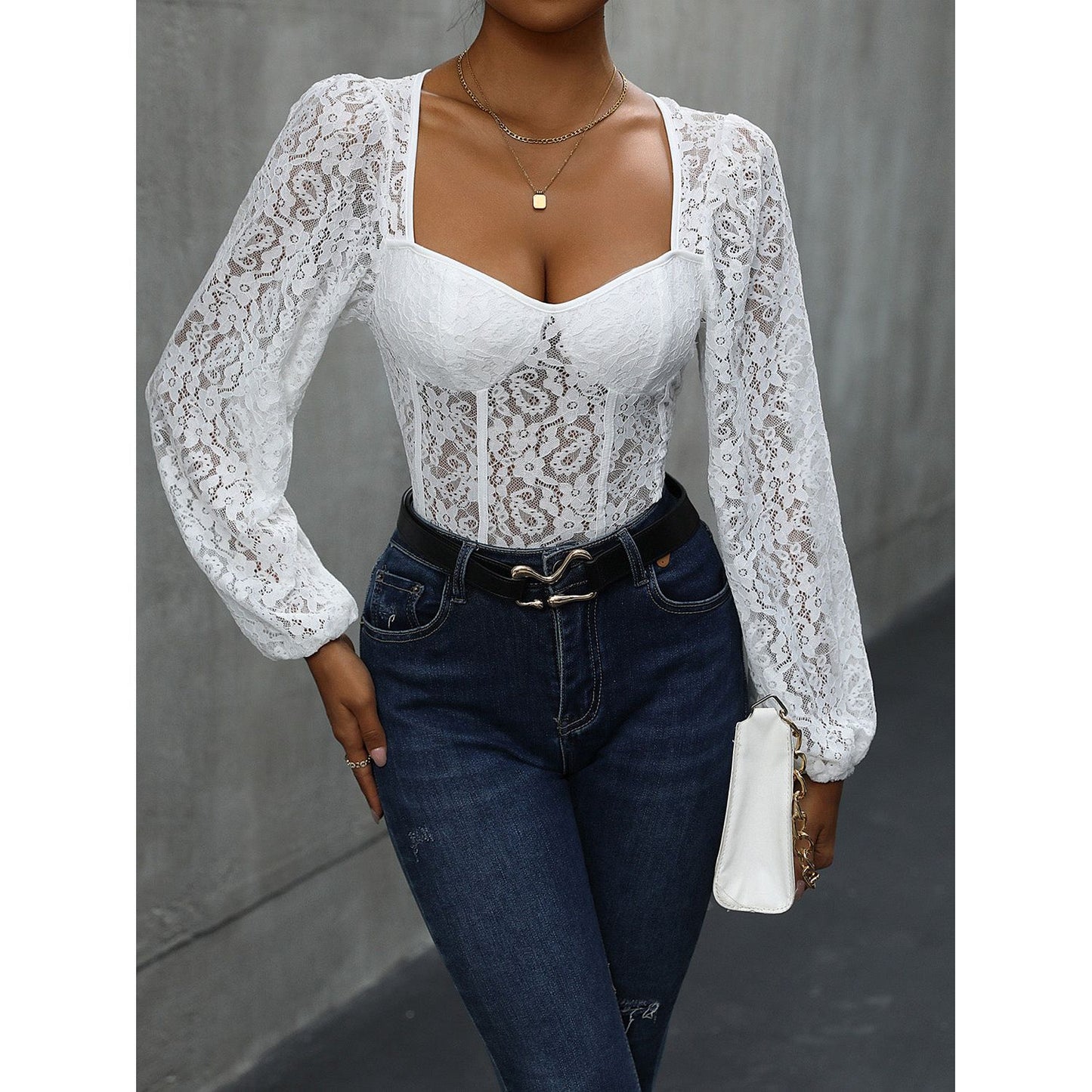 Perfee Backless Lace Long Sleeve Bodysuit