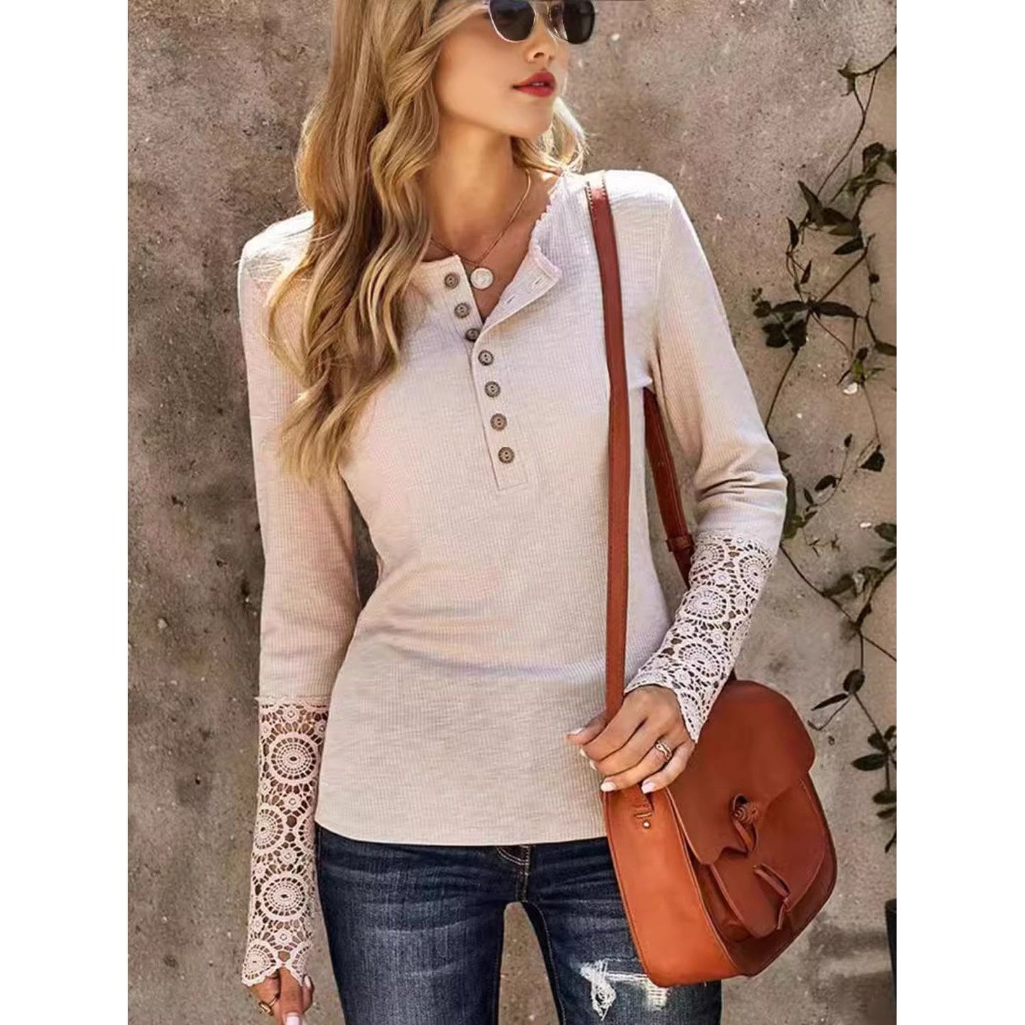 Lace Detail Half Button Round Neck Long Sleeve T-Shirt