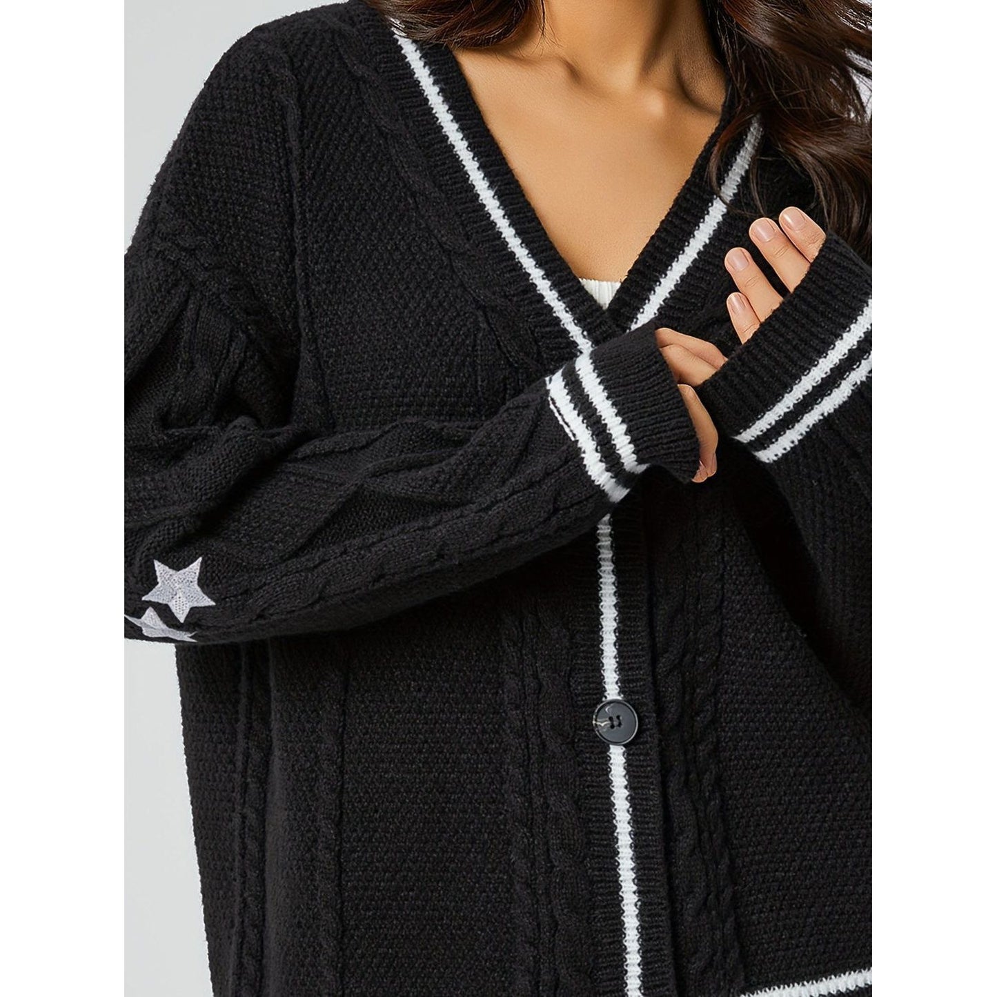 Star Embroidered V-Neck Long Sleeve Cardigan