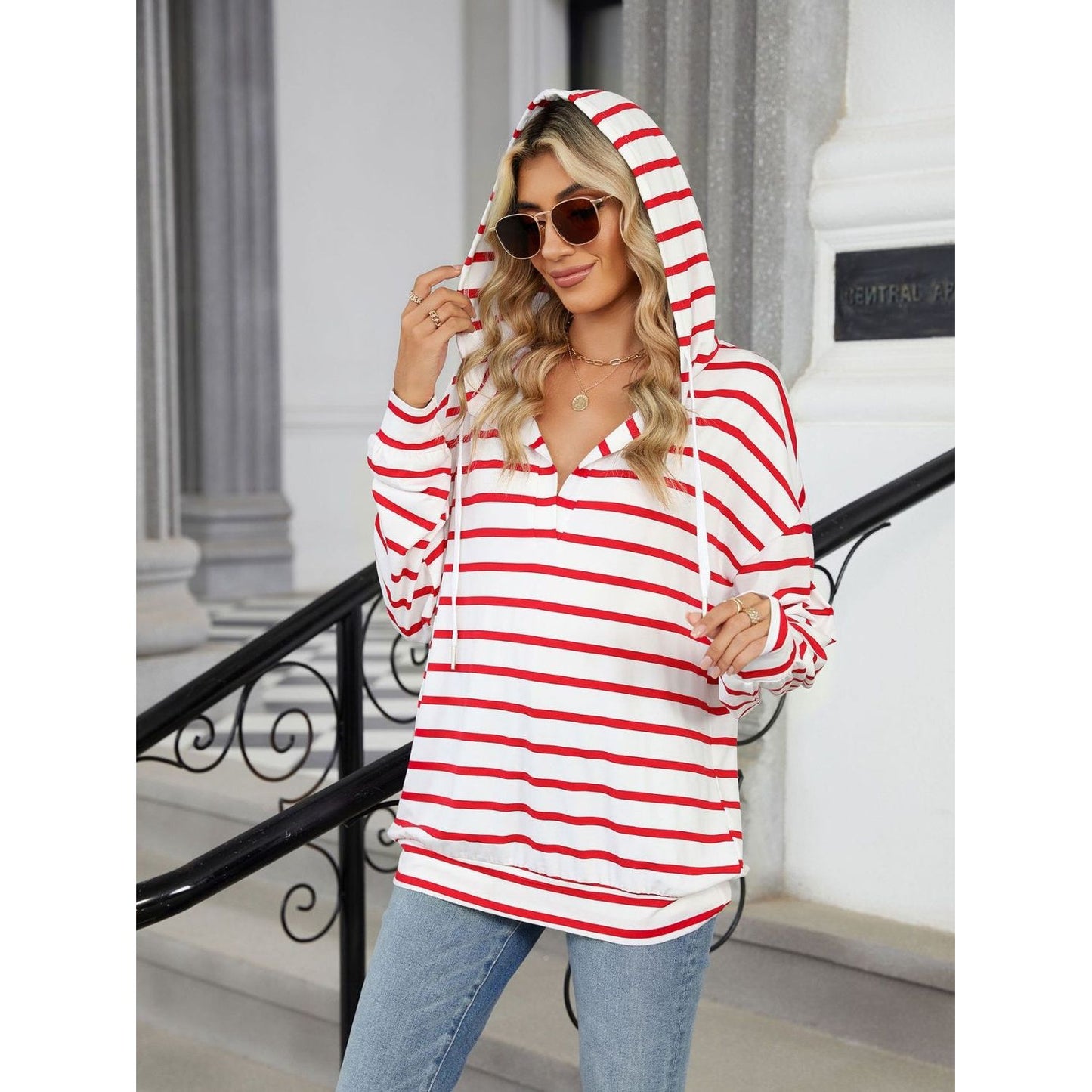 Drawstring Striped Long Sleeve Hoodie