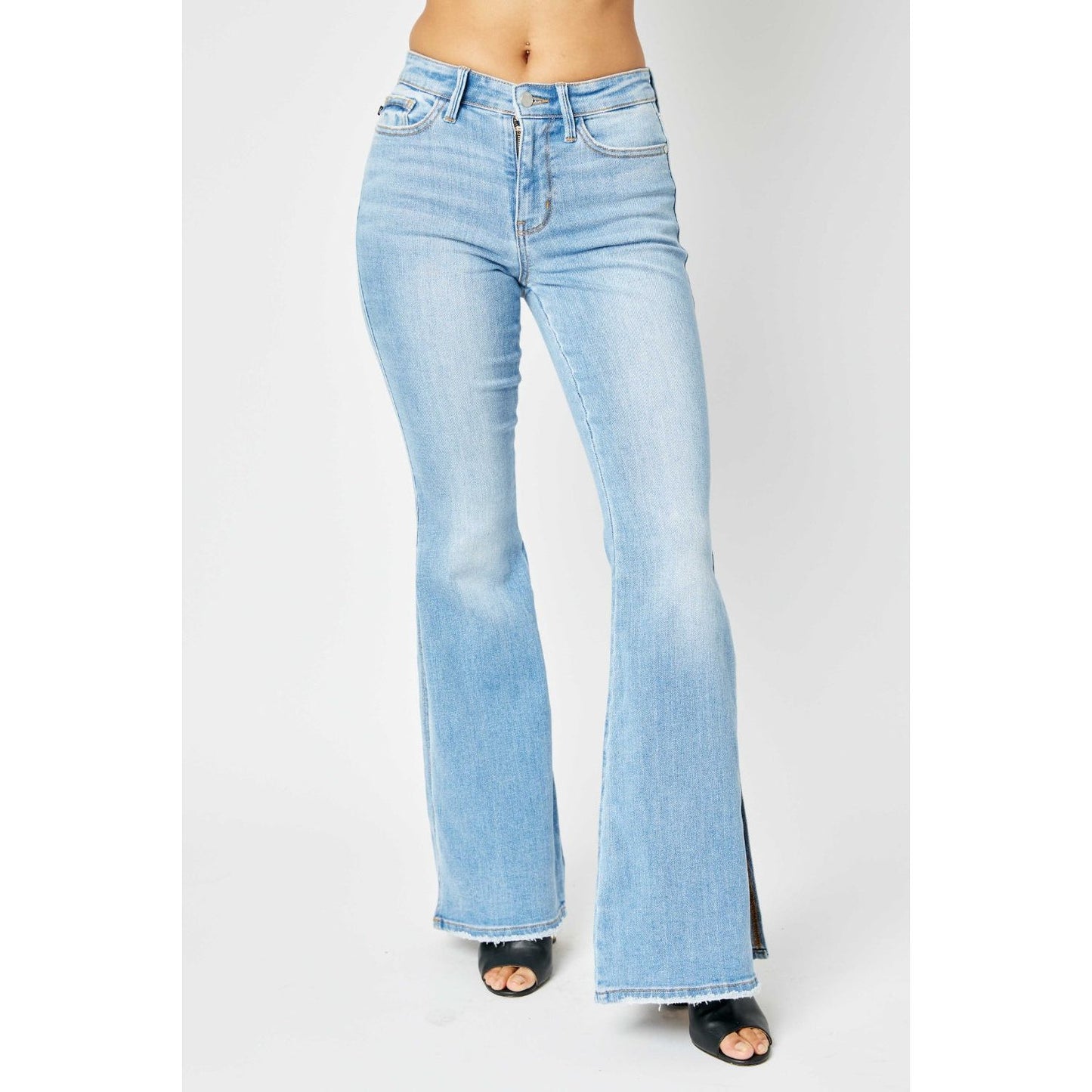 Judy Blue Full Size Mid Rise Raw Hem Slit Flare Jeans