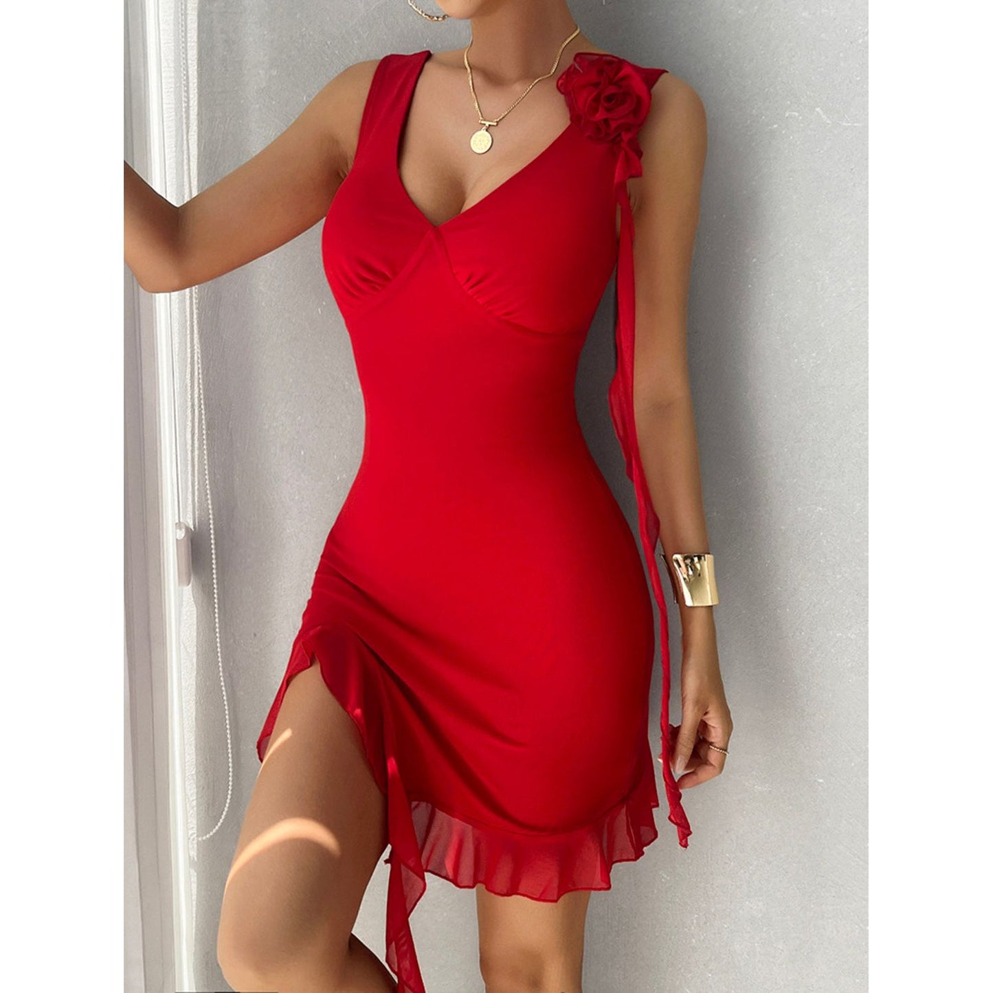 Devine Ruffled V-Neck Sleeveless Mini Dress