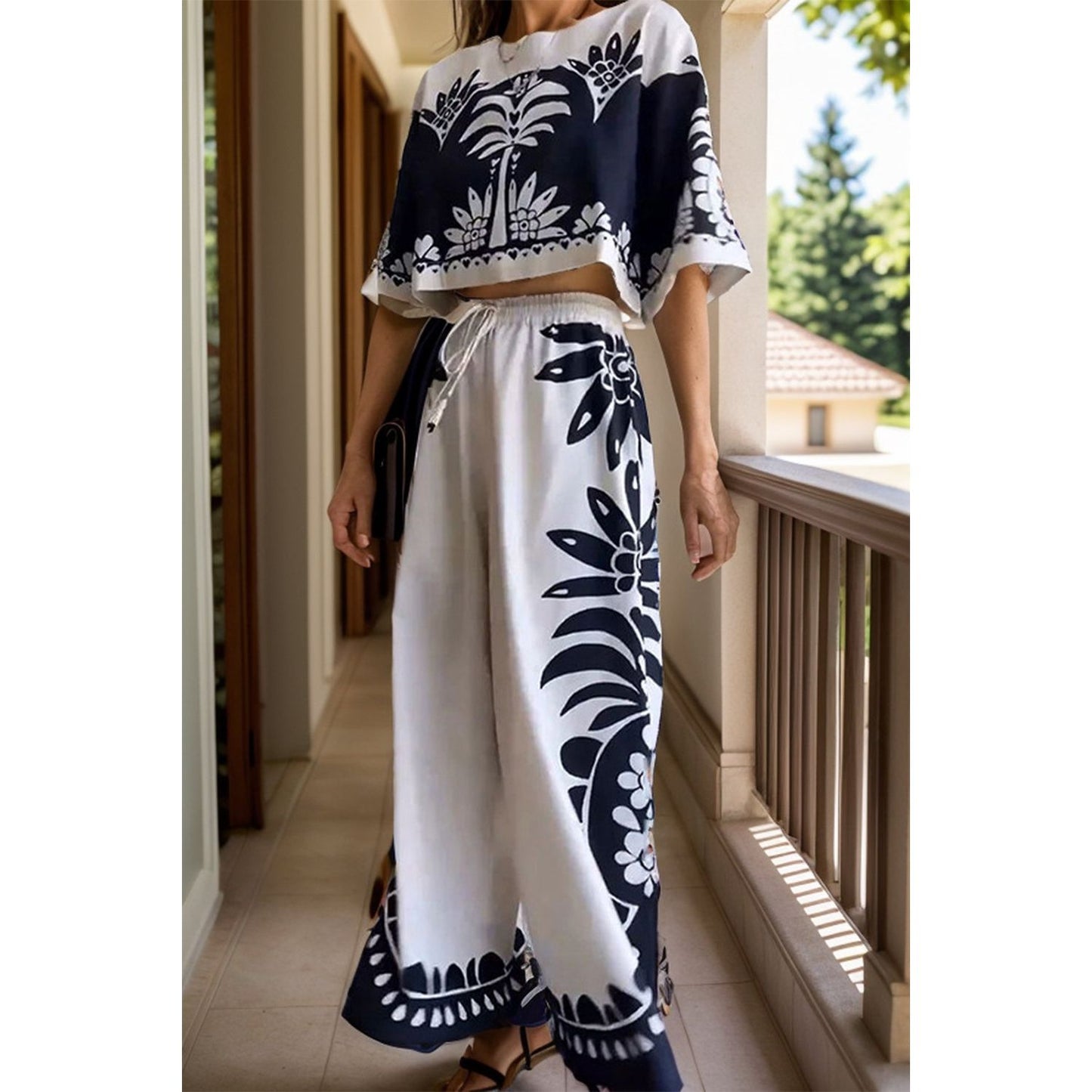 Printed Half Sleeve Top and Wide Leg Pants Set