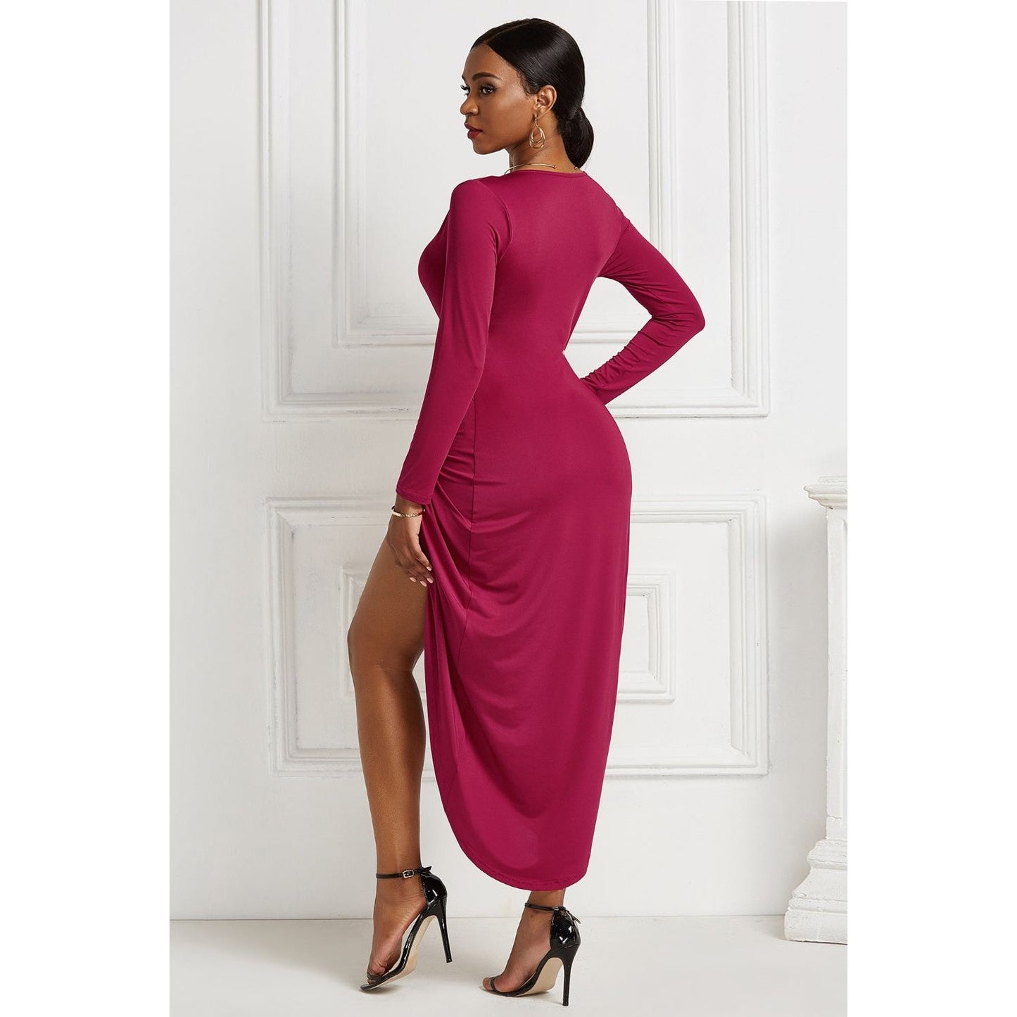 High-low Ruched Surplice Long Sleeve Dress