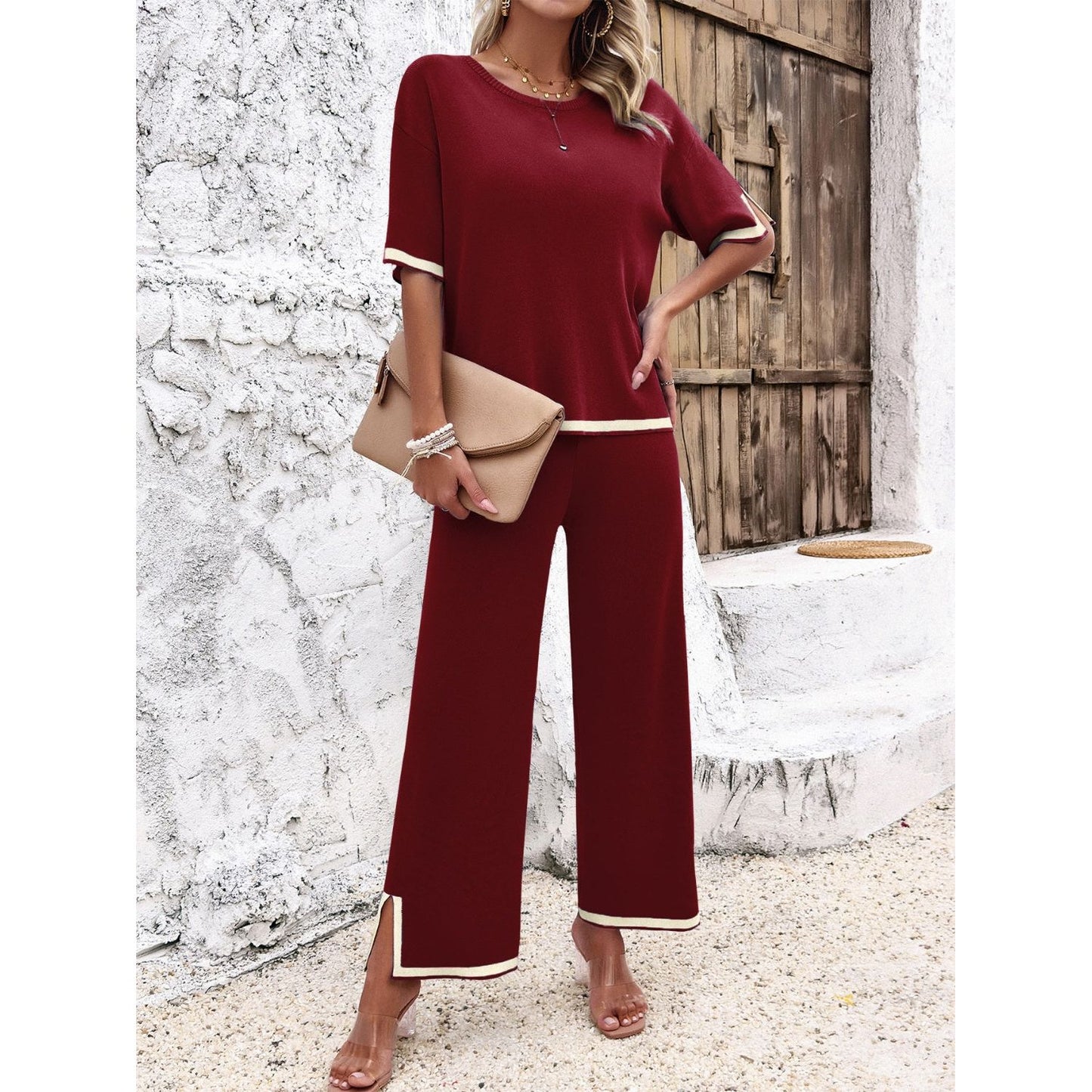 Contrast Trim Round Neck Top and Pants Set