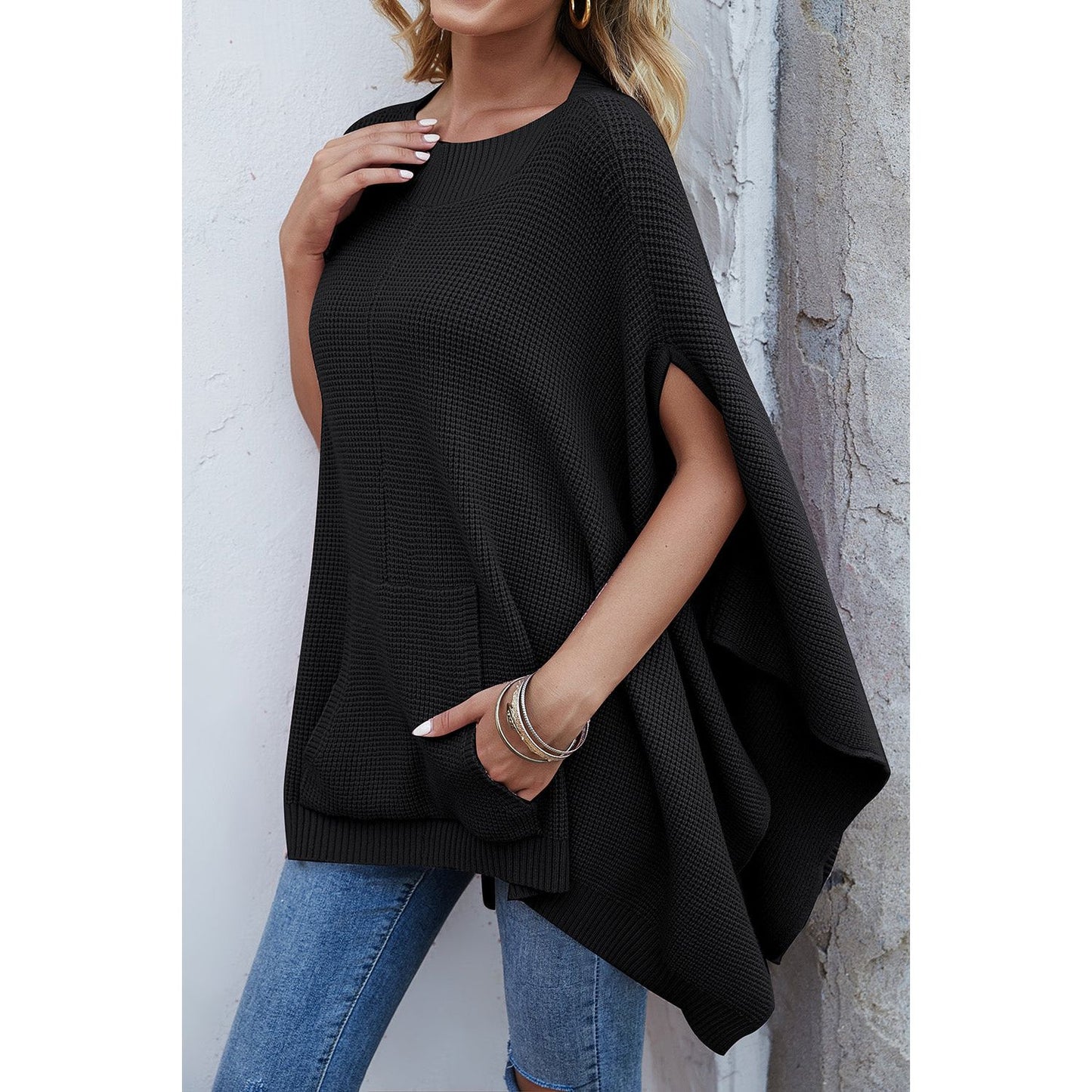 Waffle-Knit Pocketed Cape Sleeve Sweater