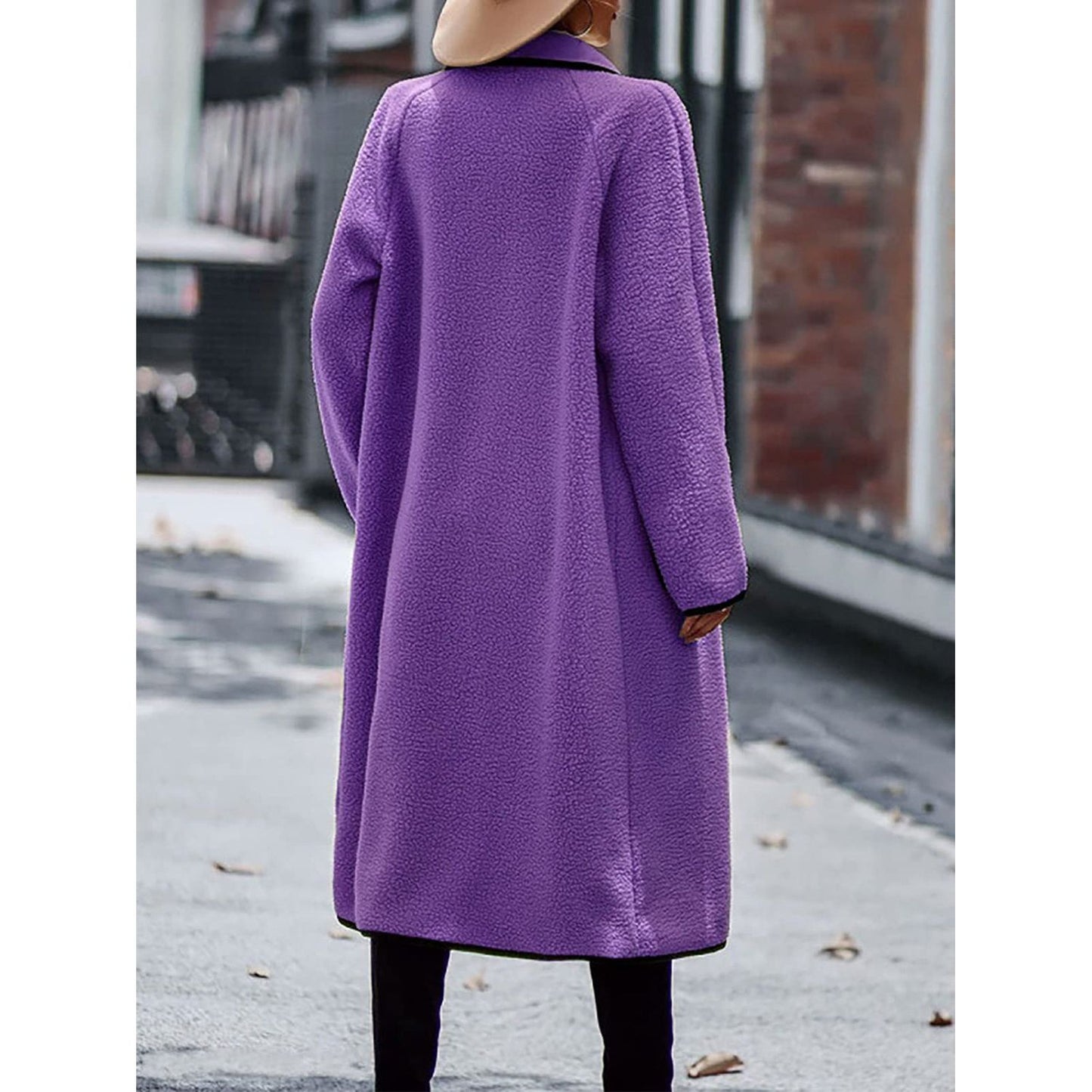 Full Size Contrast Trim Long Sleeve Coat with Pockets