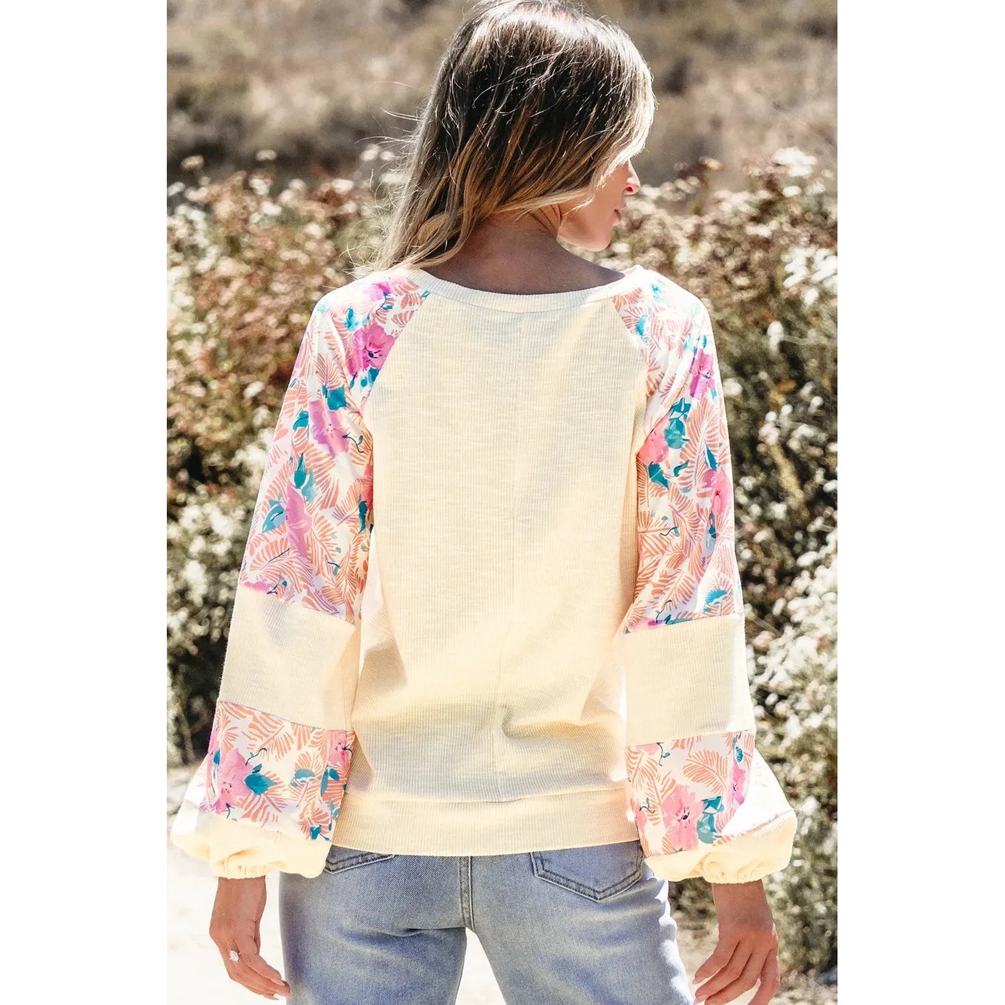 Printed Round Neck Balloon Sleeve Blouse