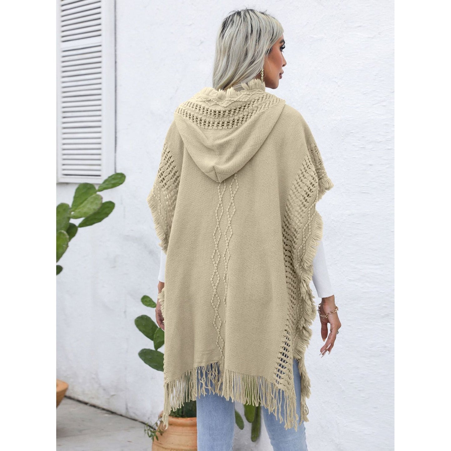 Fringe Trim Buttoned Hooded Poncho