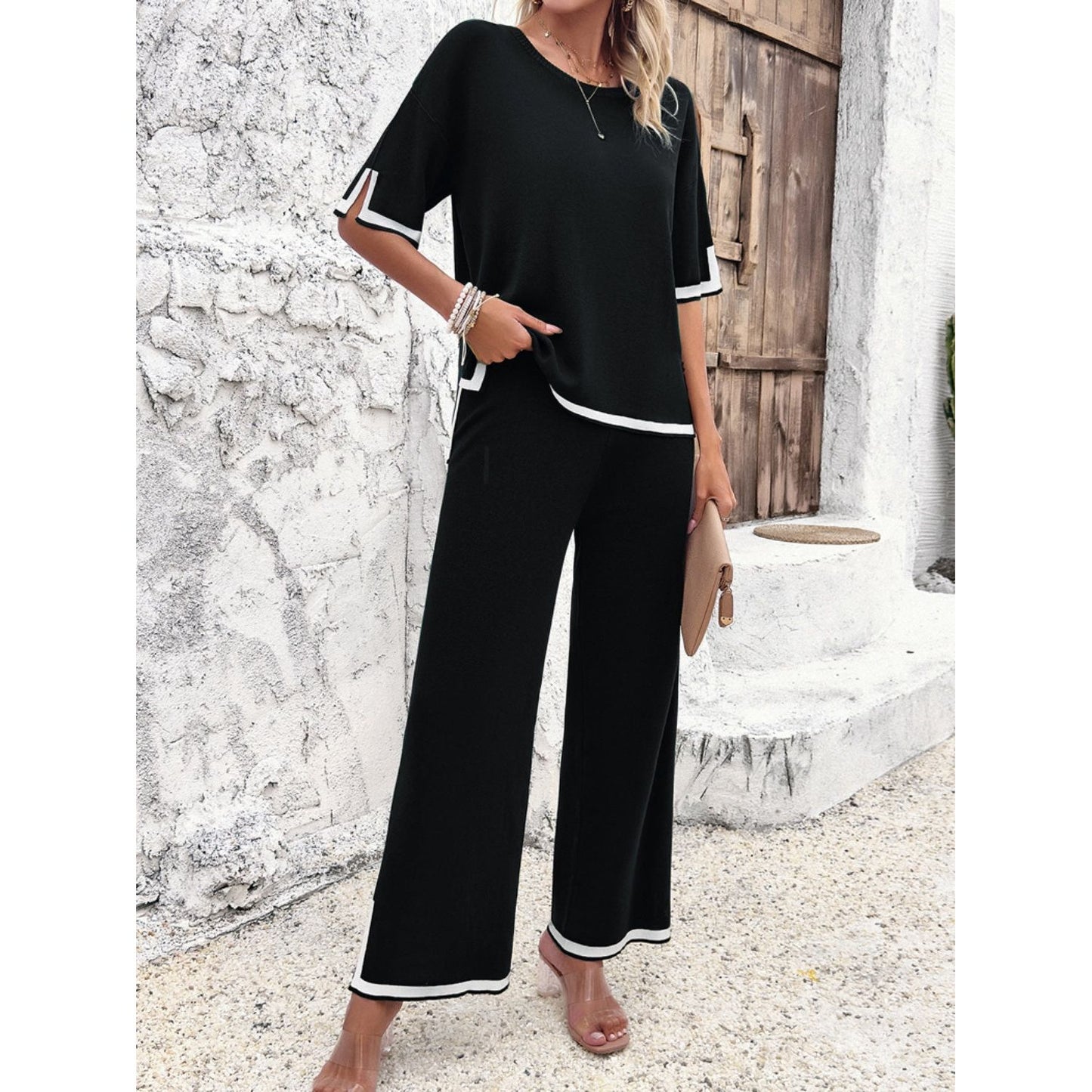 Contrast Trim Round Neck Top and Pants Set