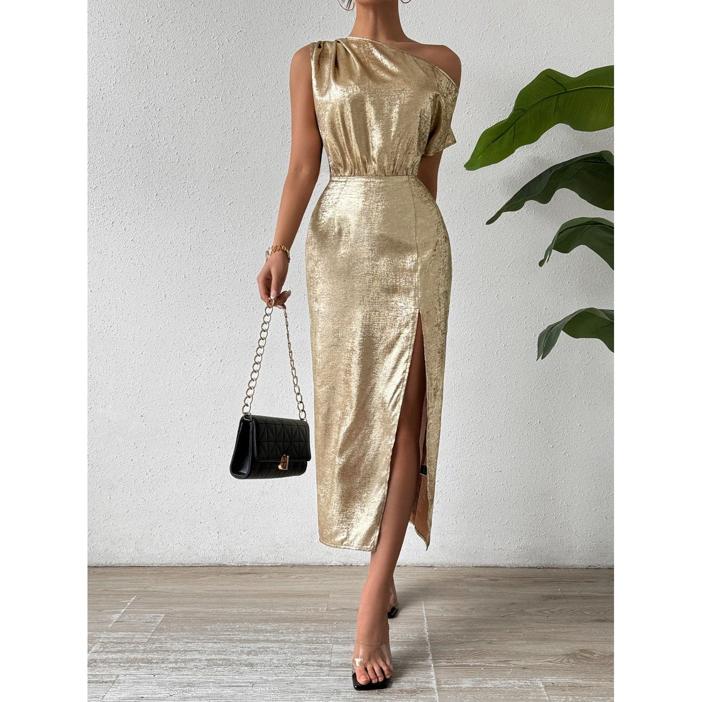 Honey Slit One Shoulder Short Sleeve Midi Dress