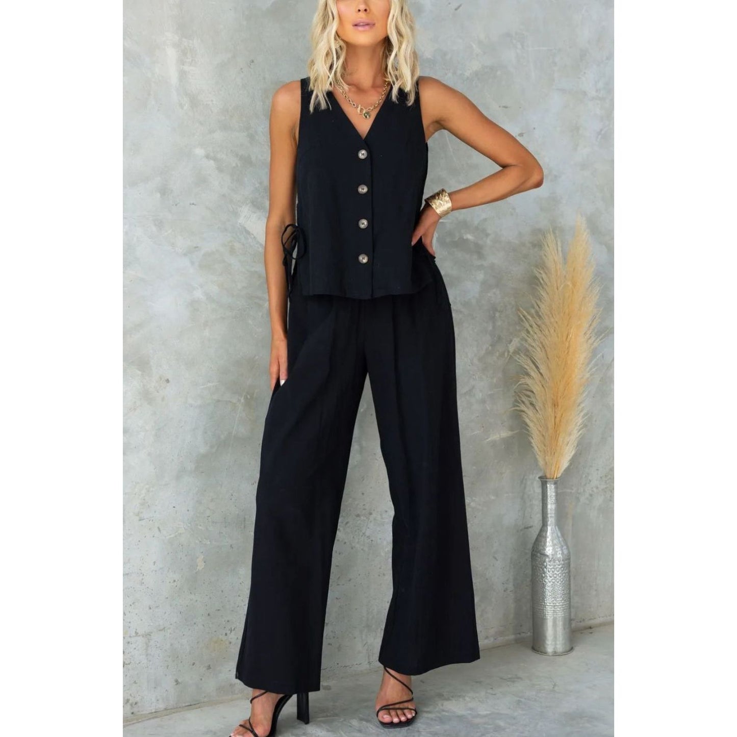 Tied V-Neck Sleeveless Top and Pants Set