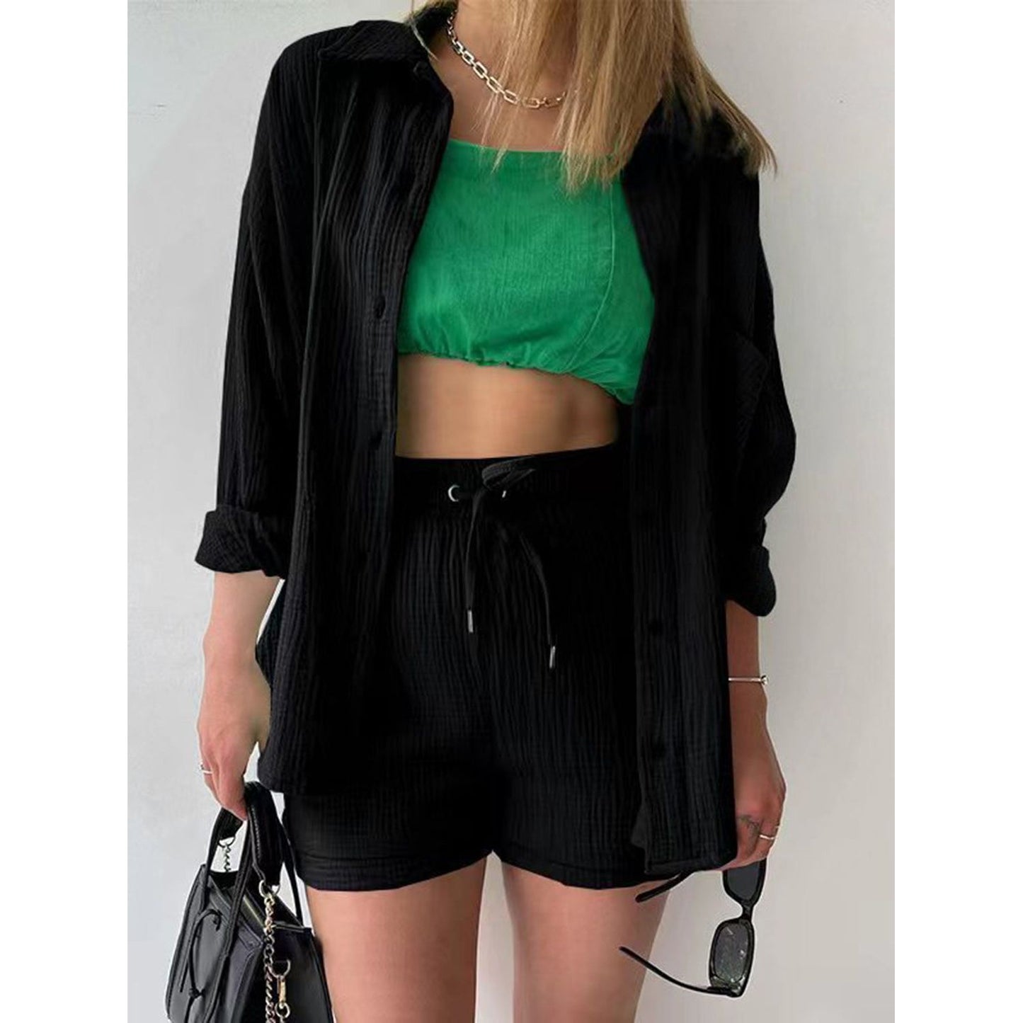 Texture Button Up Shirt and Drawstring Shorts Set