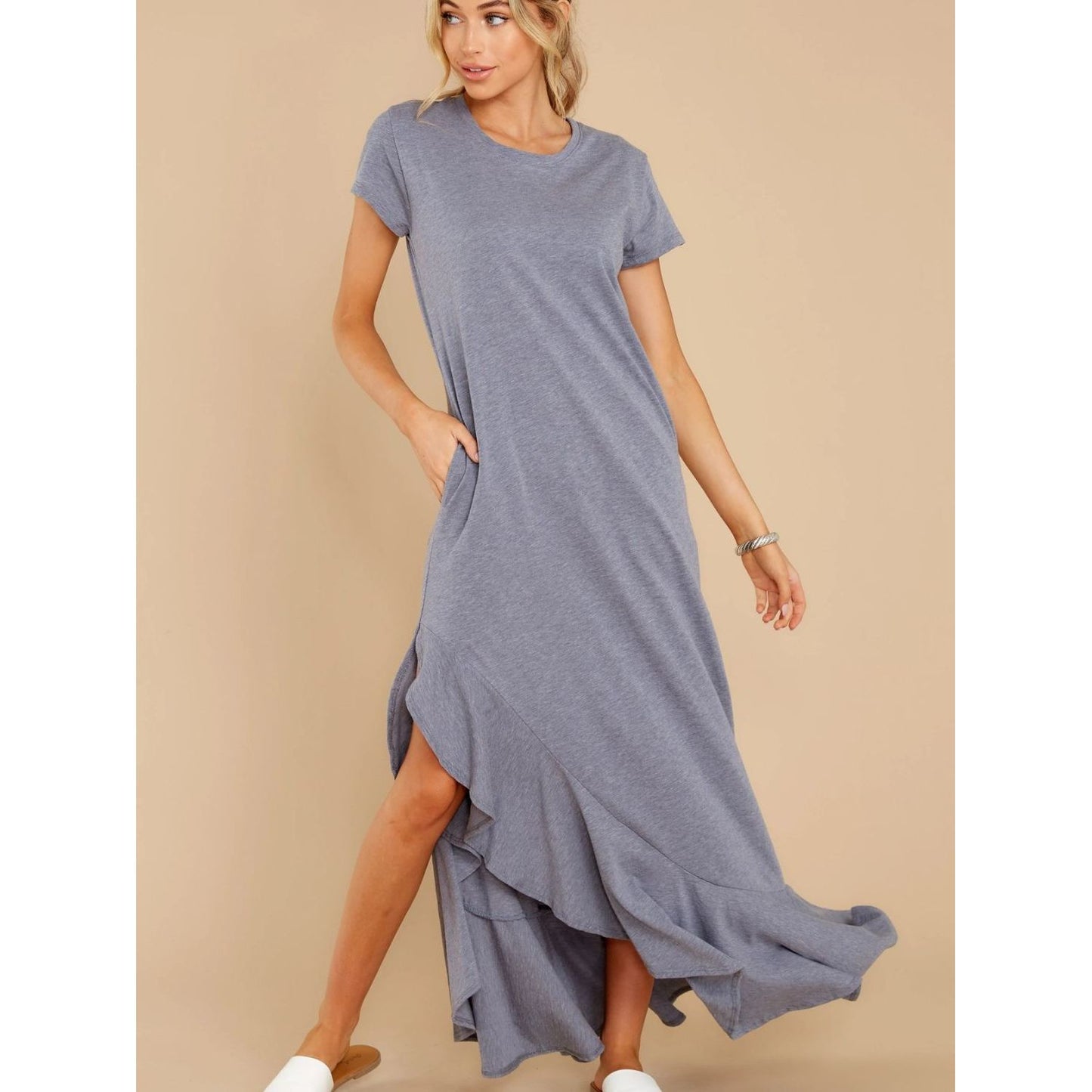 Slit Round Neck Short Sleeve Maxi Dress