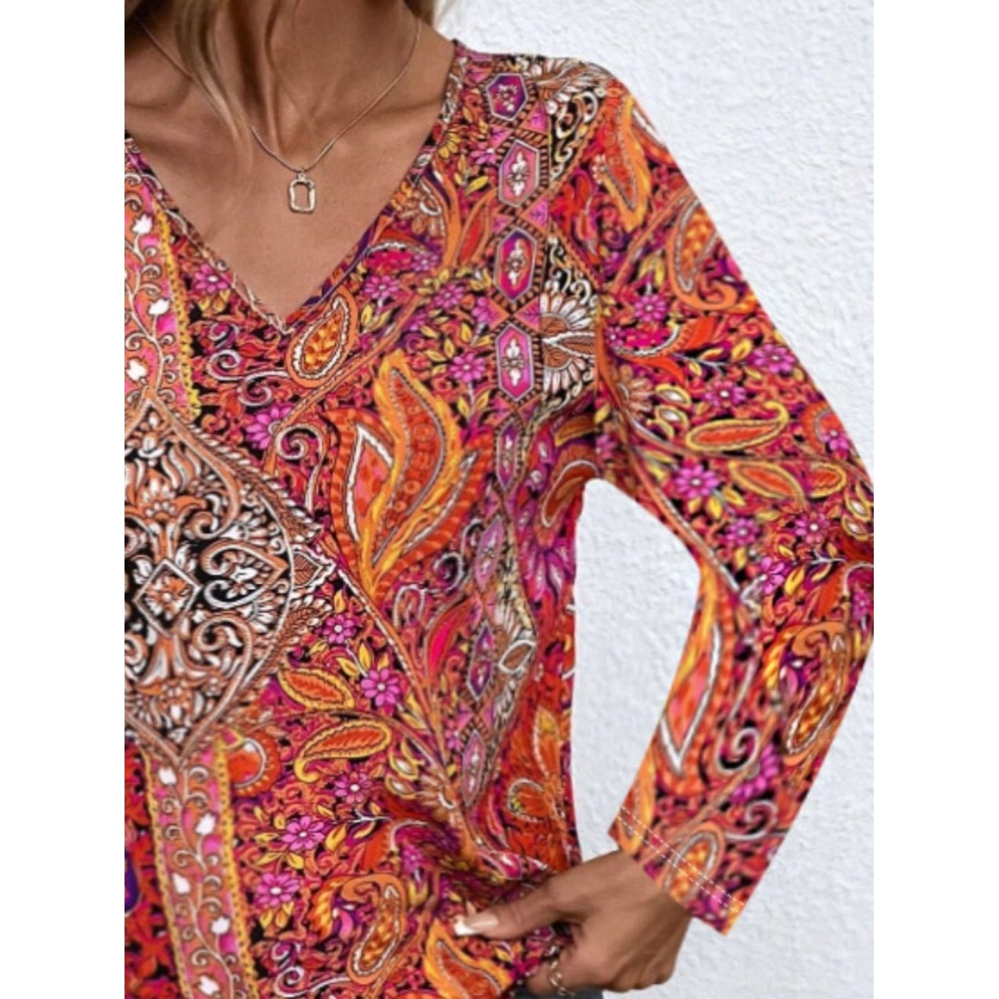 Printed V-Neck Long Sleeve Blouse