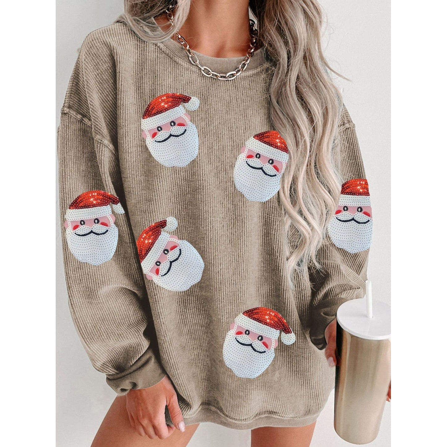 Sequin Santa Patch Ribbed Sweatshirt