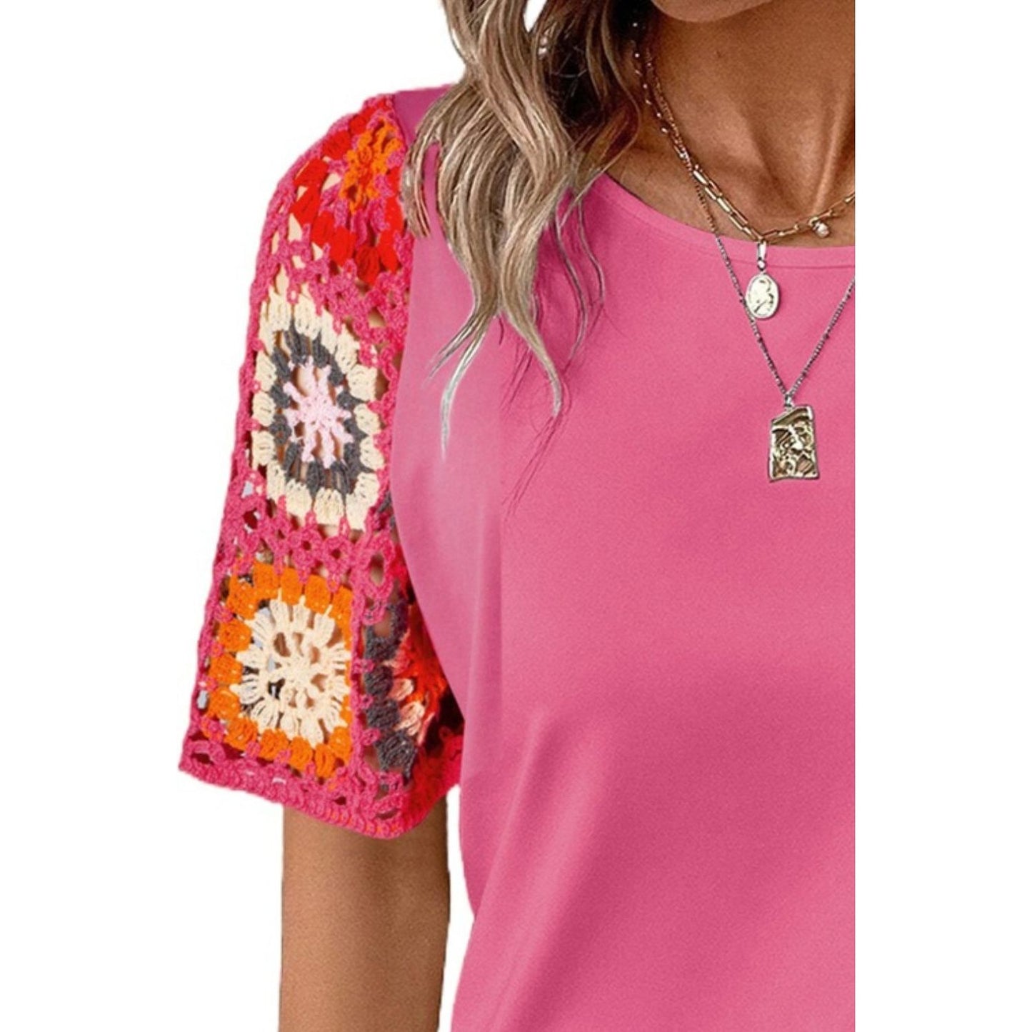 Geometric Round Neck Short Sleeve Blouse