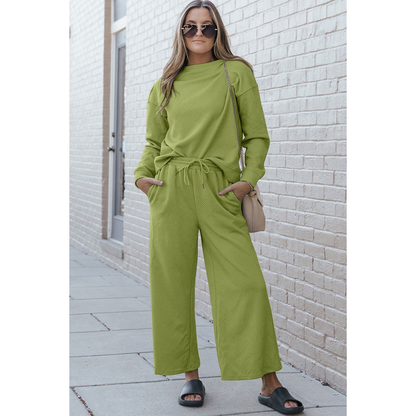 Double Take Full Size Textured Long Sleeve Top and Drawstring Pants Set