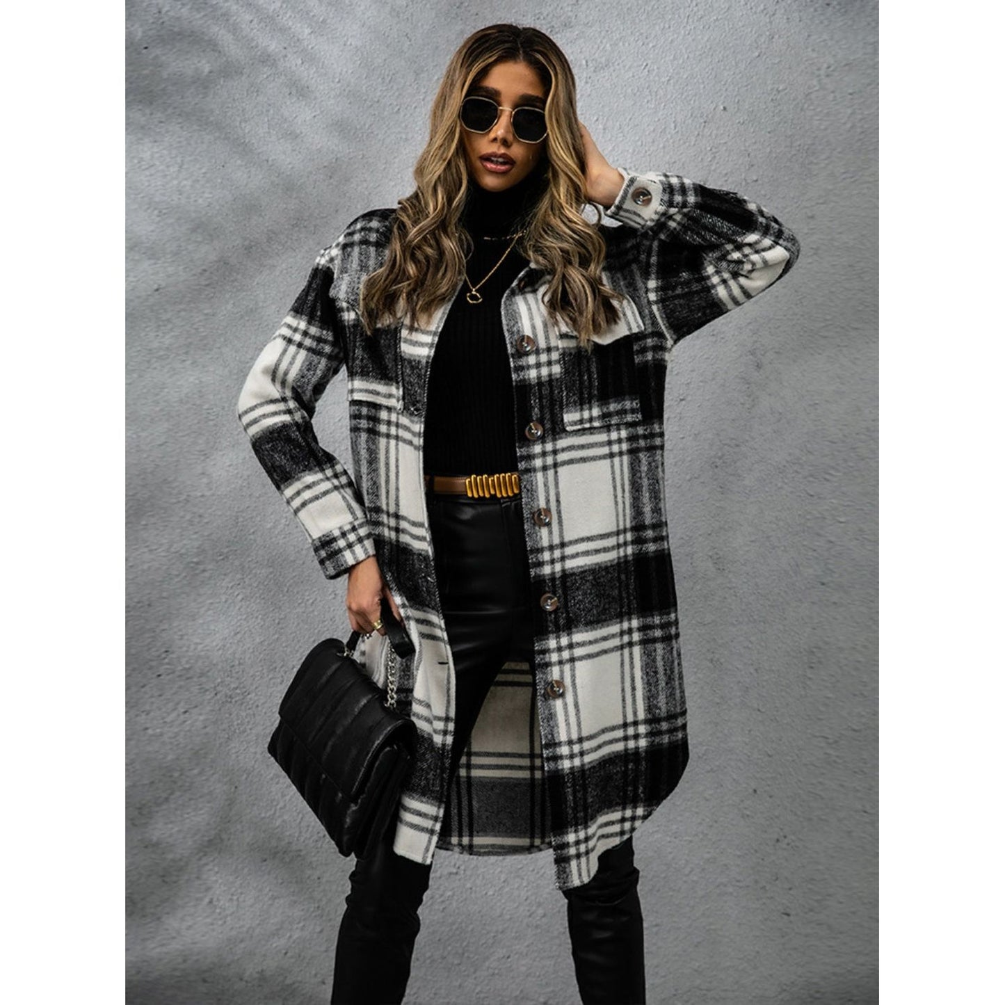 Plaid Collared Neck Long Sleeve Coat