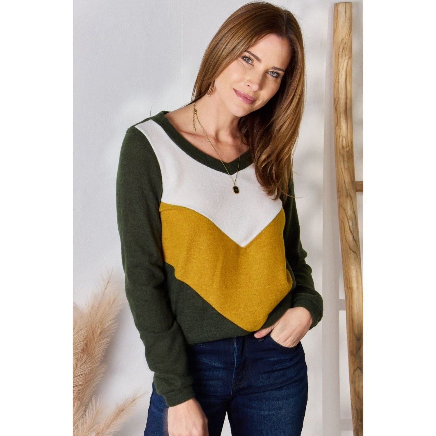 Hailey & Co Full Size Colorblock V-Neck Blouse