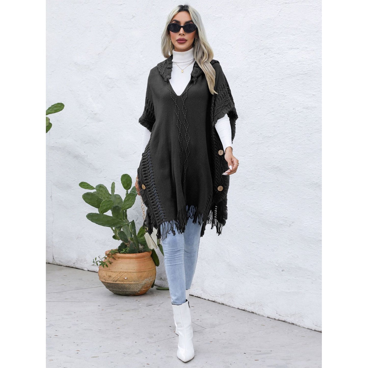 Fringe Trim Buttoned Hooded Poncho