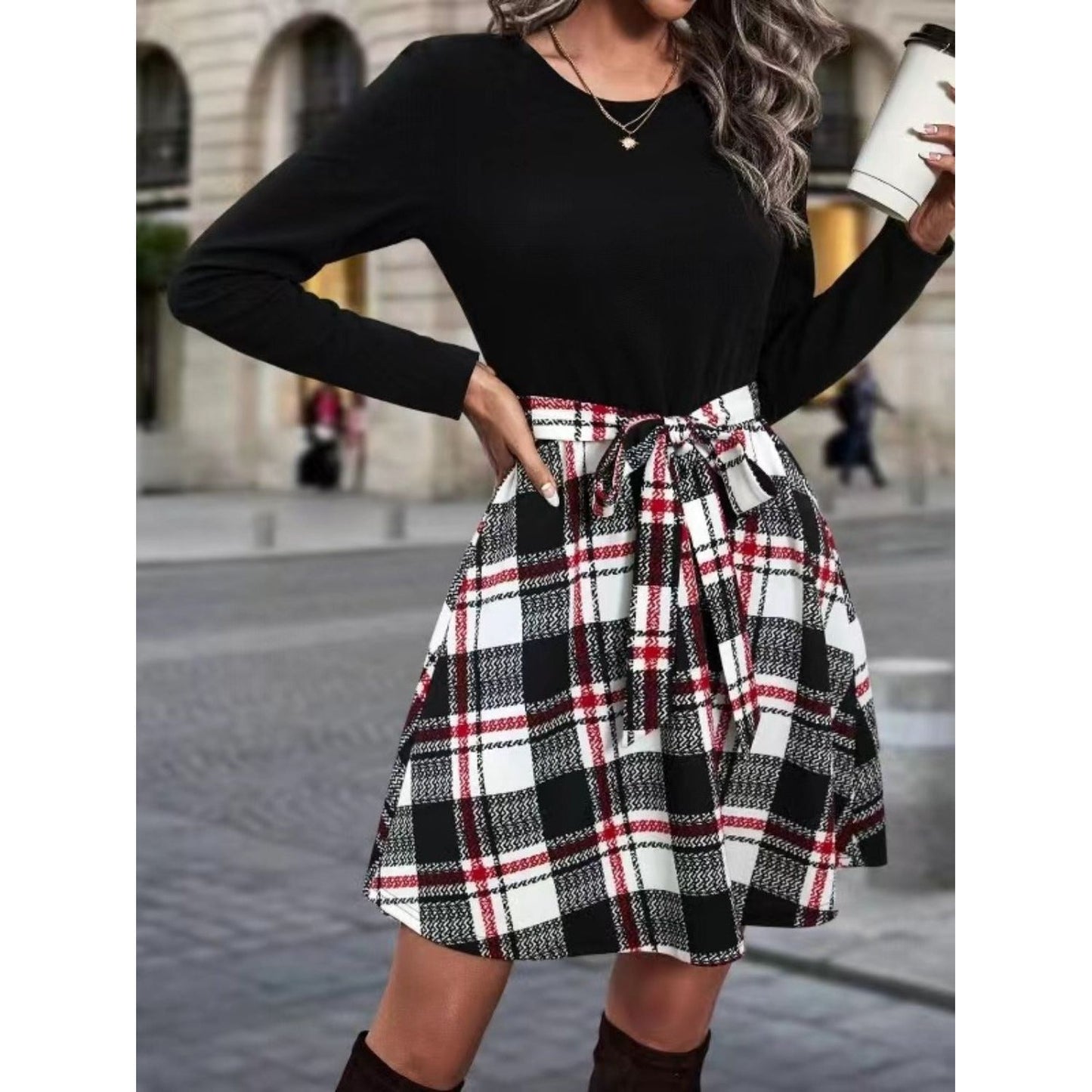 Tied Plaid Round Neck Long Sleeve Dress