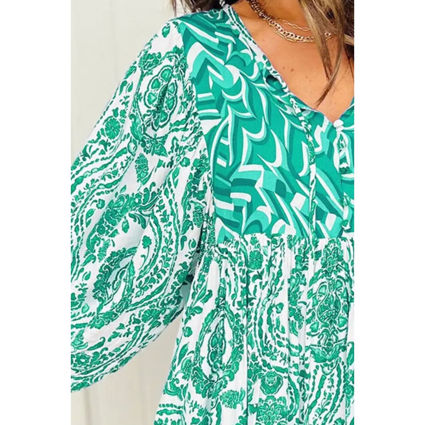 Printed Tie Neck Long Sleeve Mini Dress