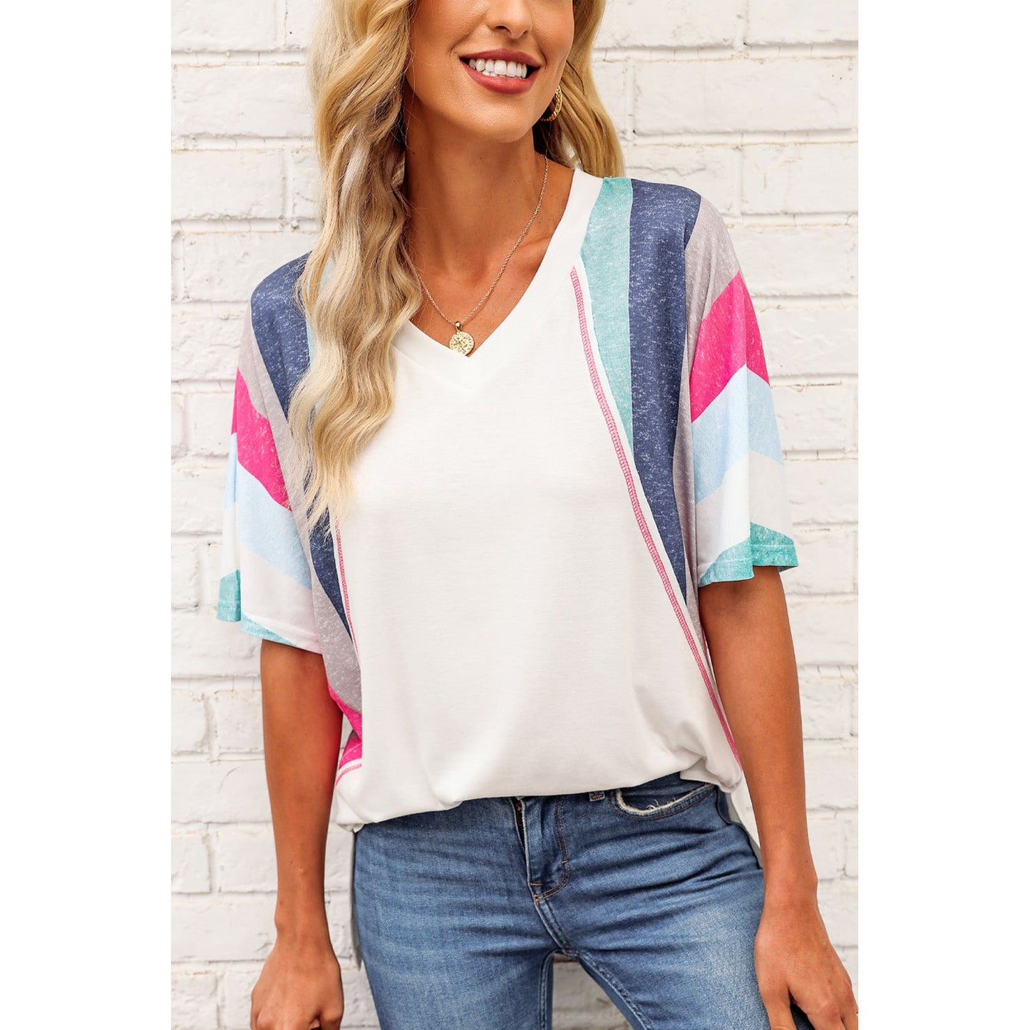 Rainbow Stripe Slit V-Neck T-Shirt