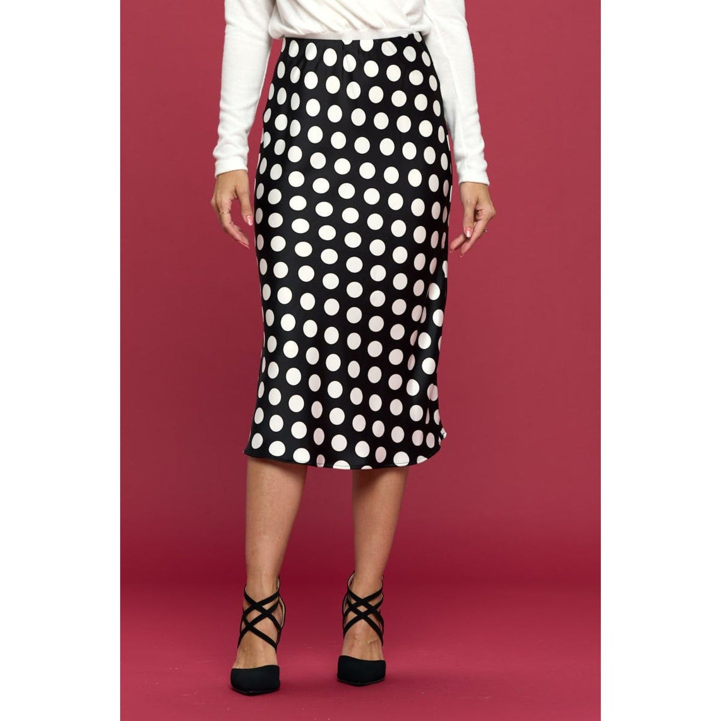 RENEE C Polka Dot Satin Midi Skirt