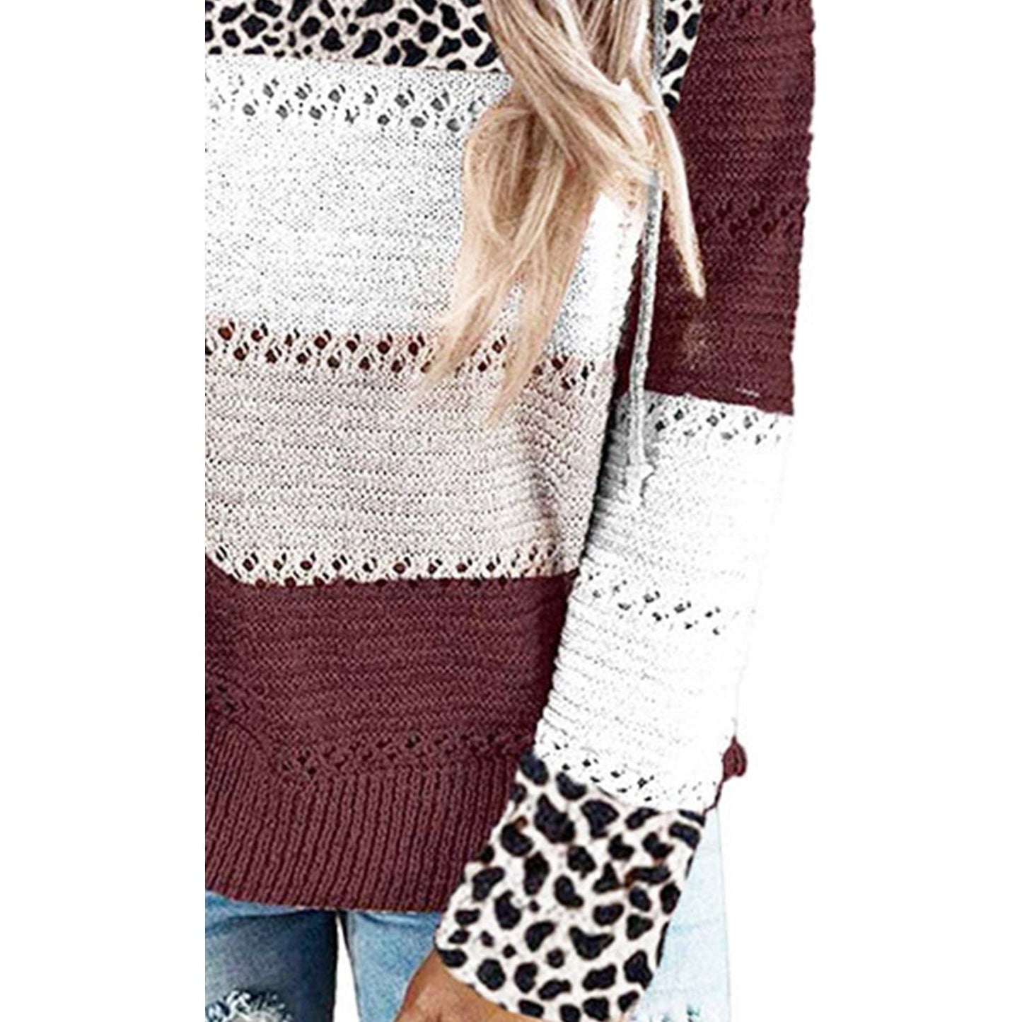 Full Size Openwork Leopard Drawstring Hooded Sweater