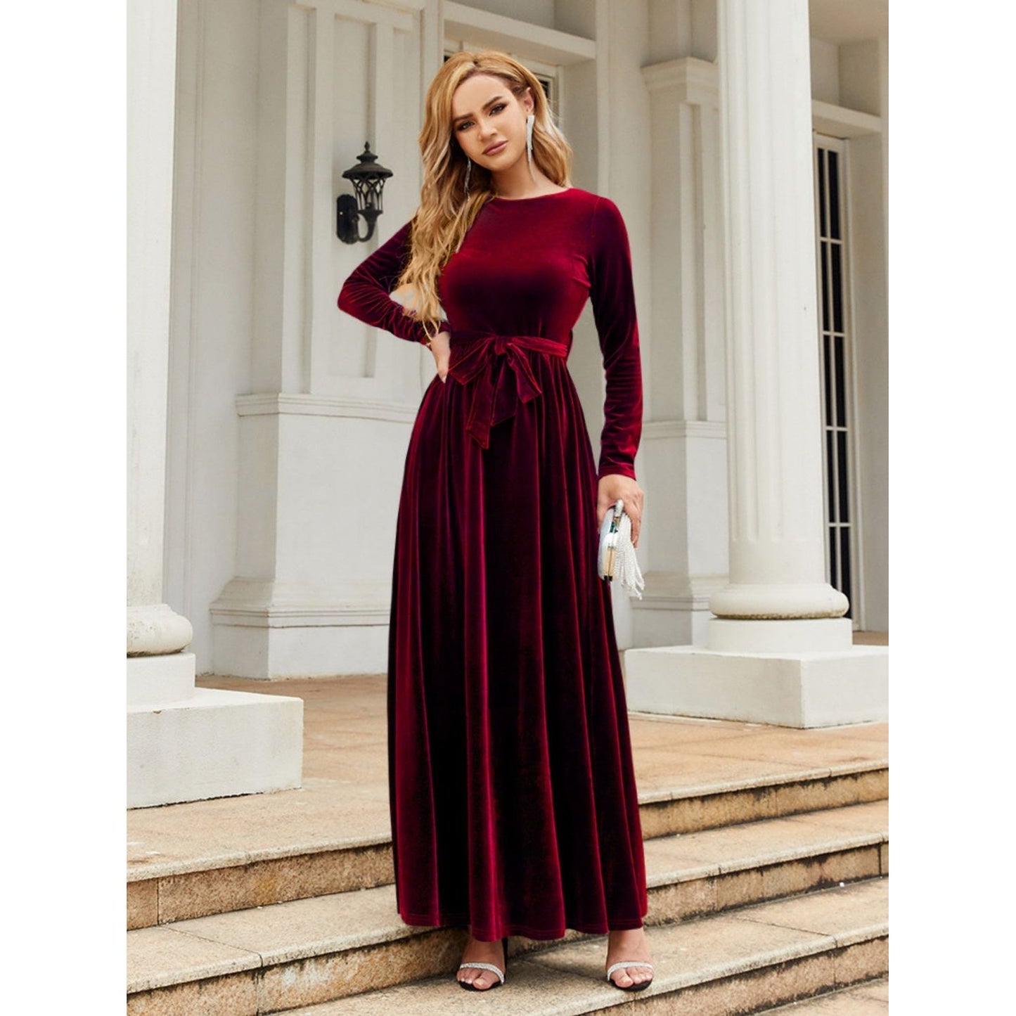 Tie Front Round Neck Long Sleeve Maxi Dress