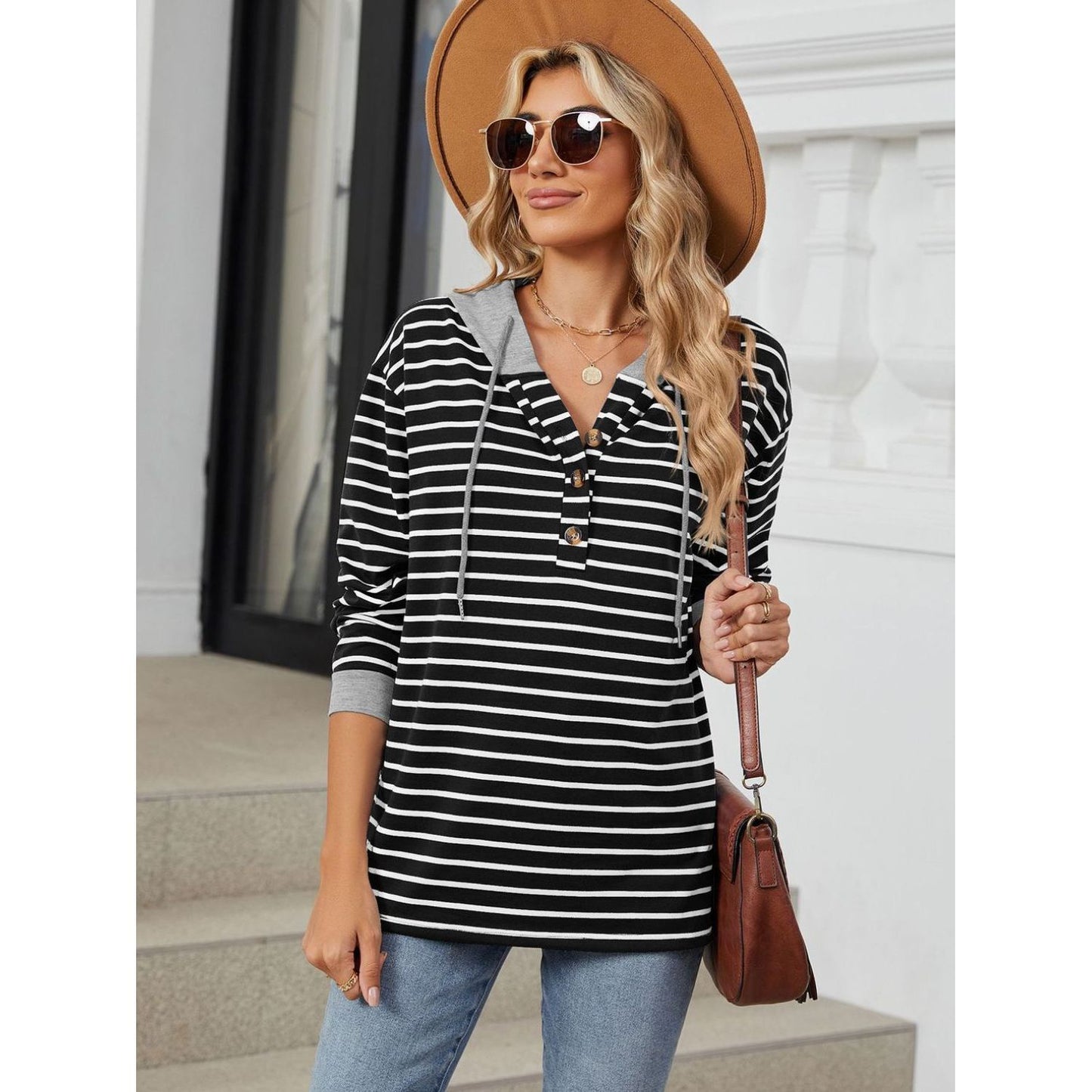 Drawstring Striped Long Sleeve Hoodie