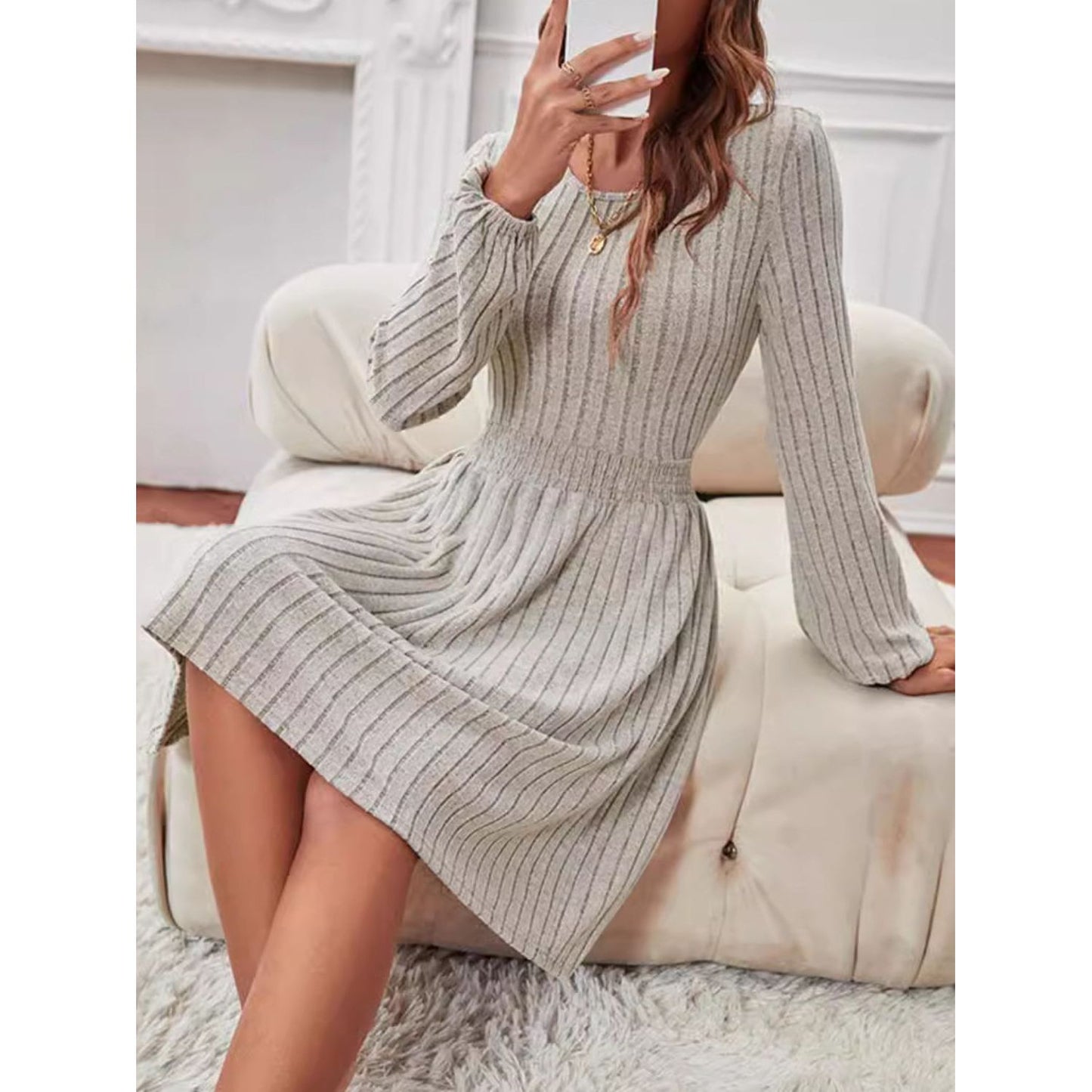 Smocked Round Neck Long Sleeve Knee Length Dress