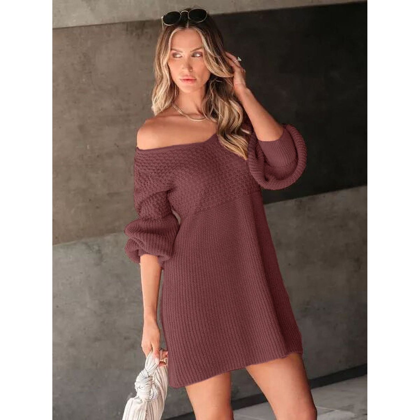 Perfee V-Neck Long Sleeve Sweater Dress