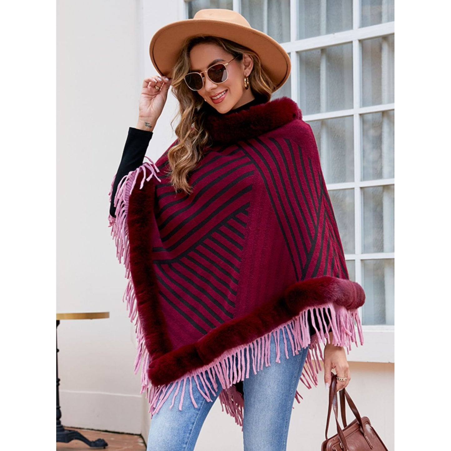 Striped Fringe Hem Poncho