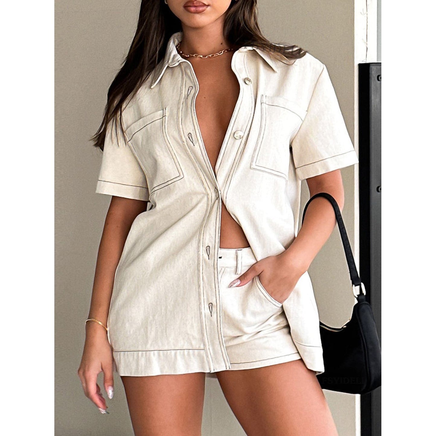 Pocketed Button Up Top and Shorts Set