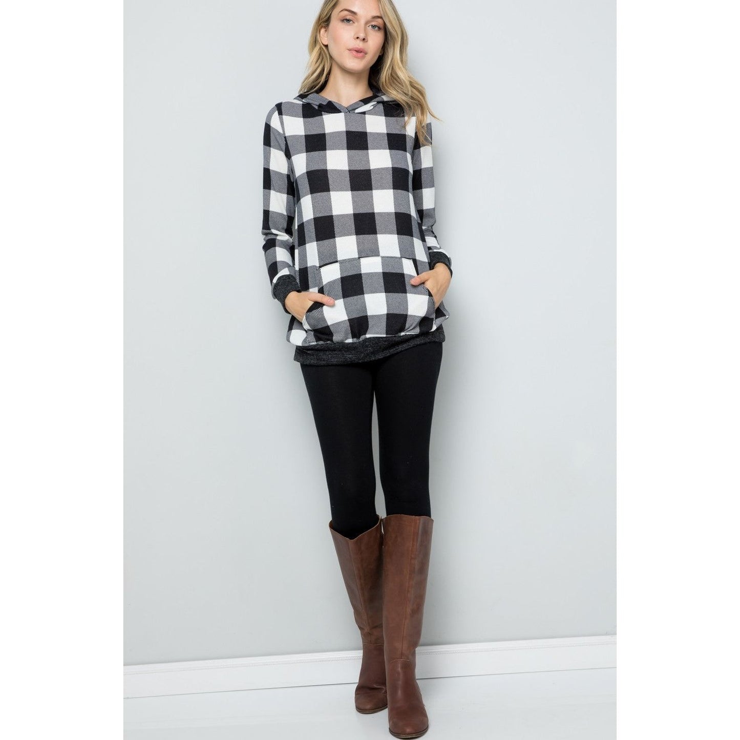 Celeste Full Size Contrast Plaid Long Sleeve Hoodie