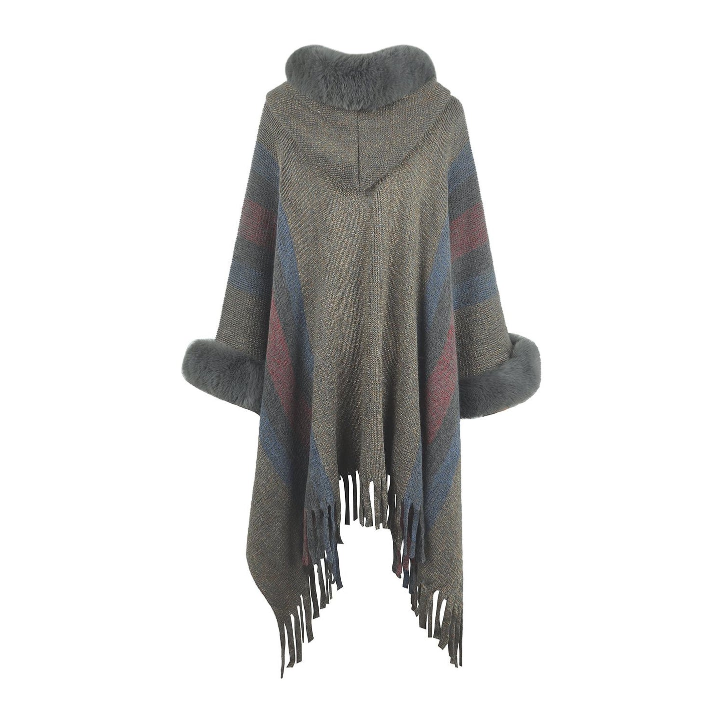 Color Block Fringe Detail Poncho