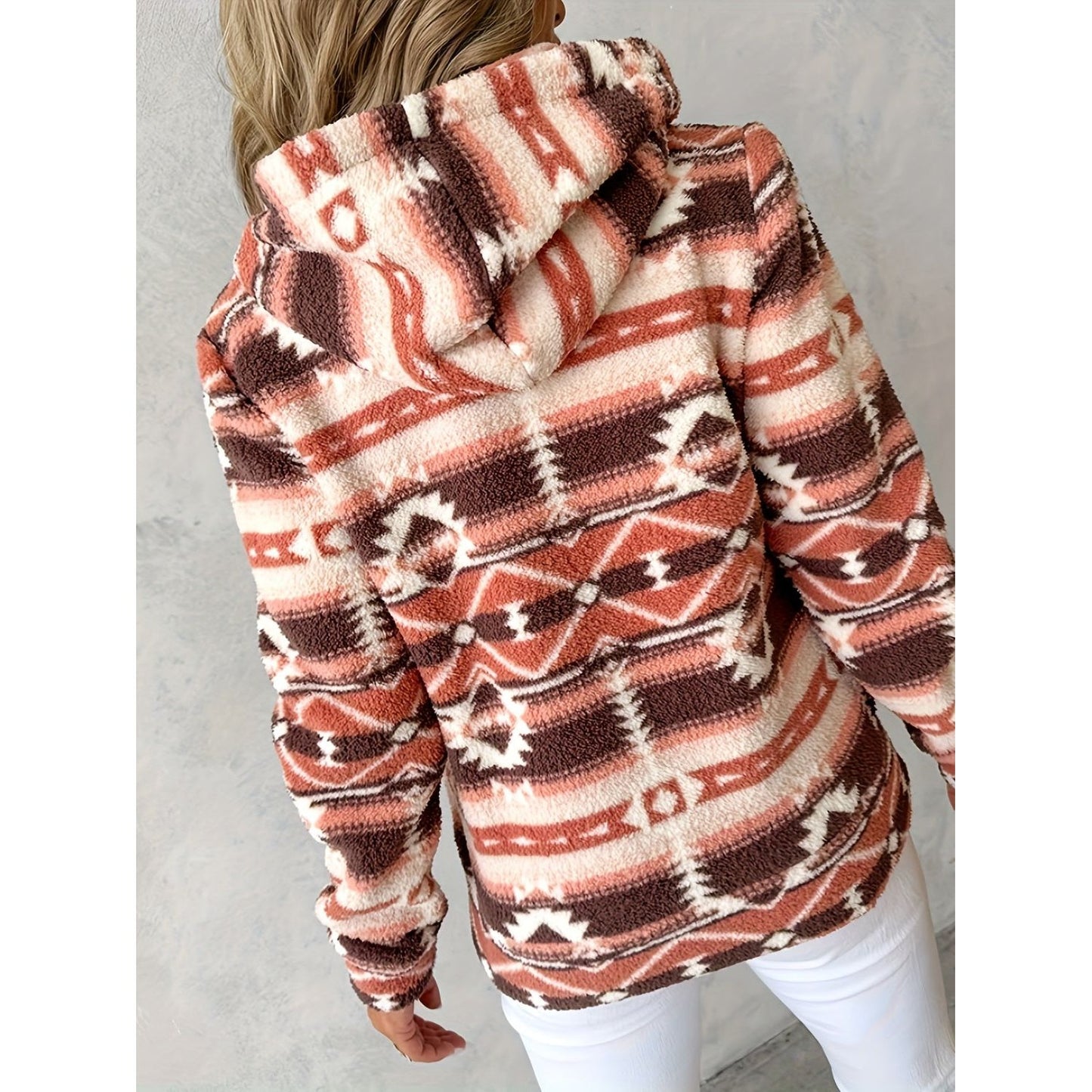 Geometric Zip Up Long Sleeve Hooded Jacket