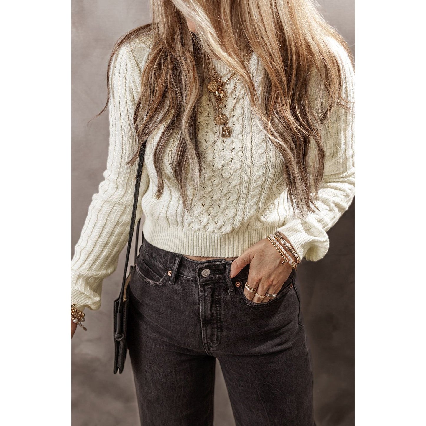 Cable-Knit Round Neck Long Sleeve Sweater