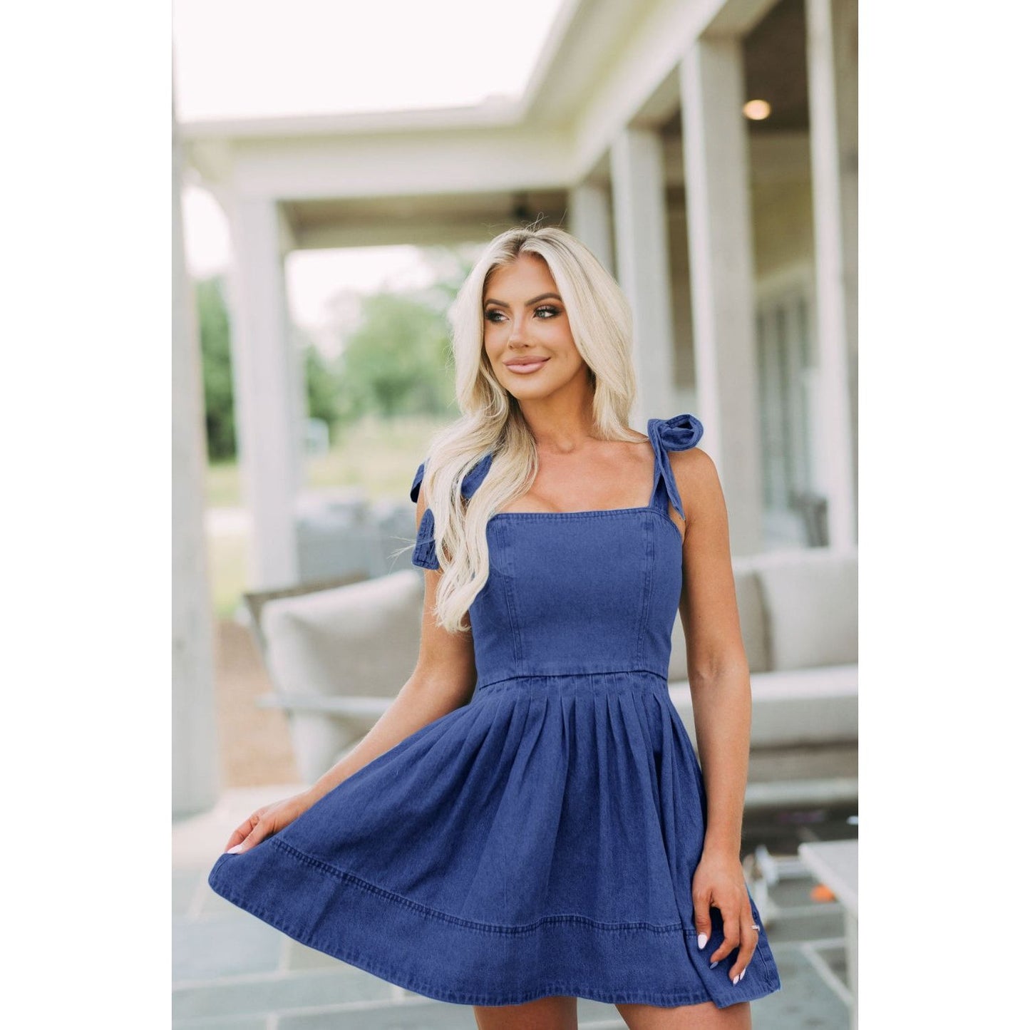 Square Neck Tie Shoulder Denim Dress