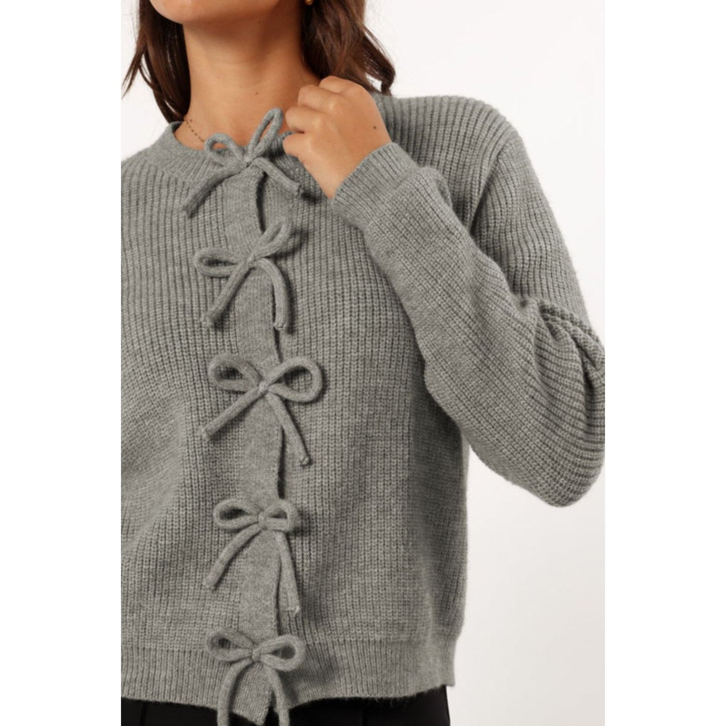 Bow Round Neck Long Sleeve Cardigan