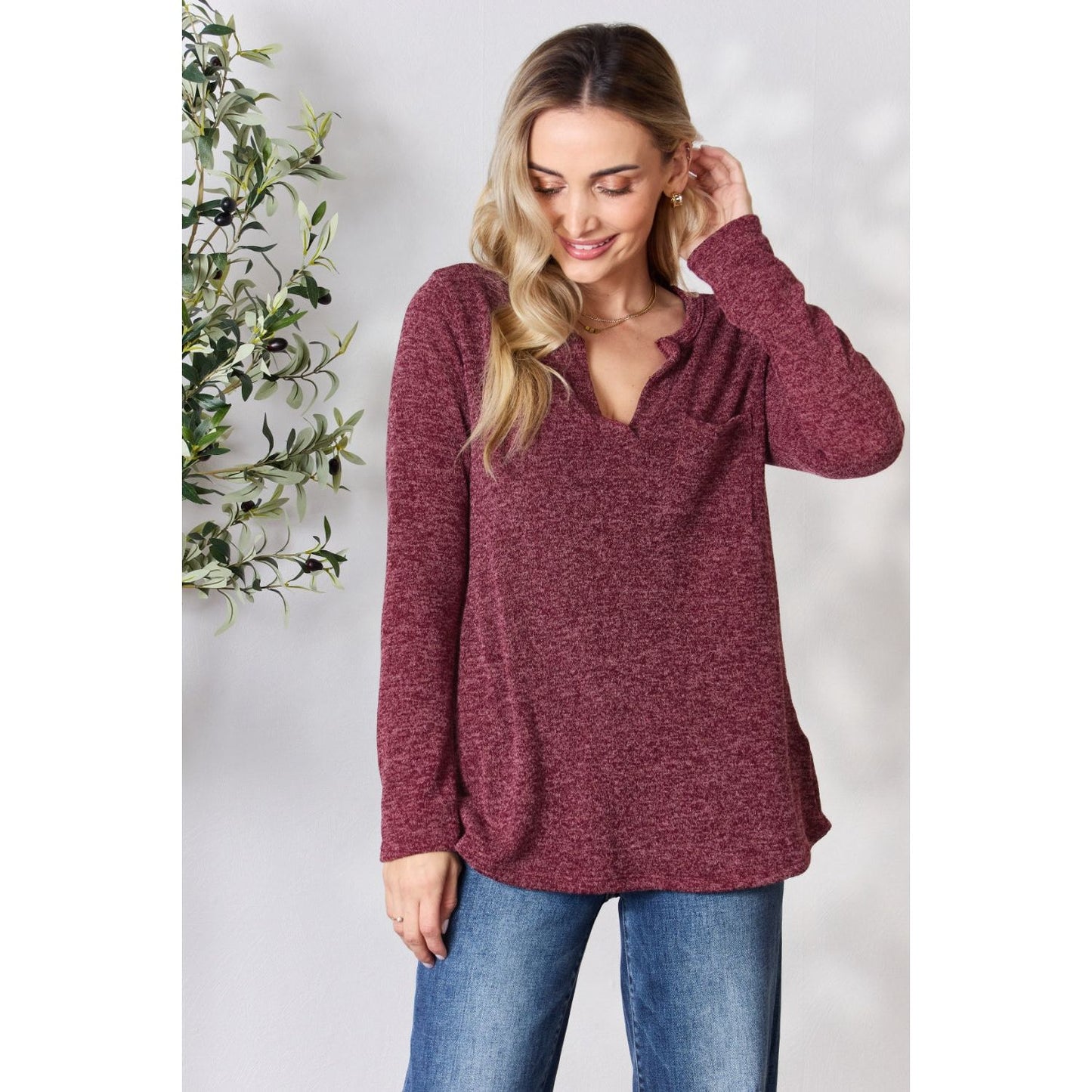 Heimish Full Size Notched Long Sleeve Top