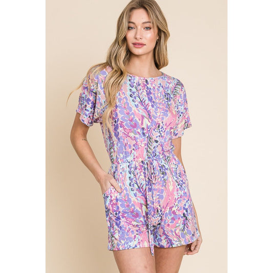 BOMBOM Print Short Sleeve Romper with Pockets