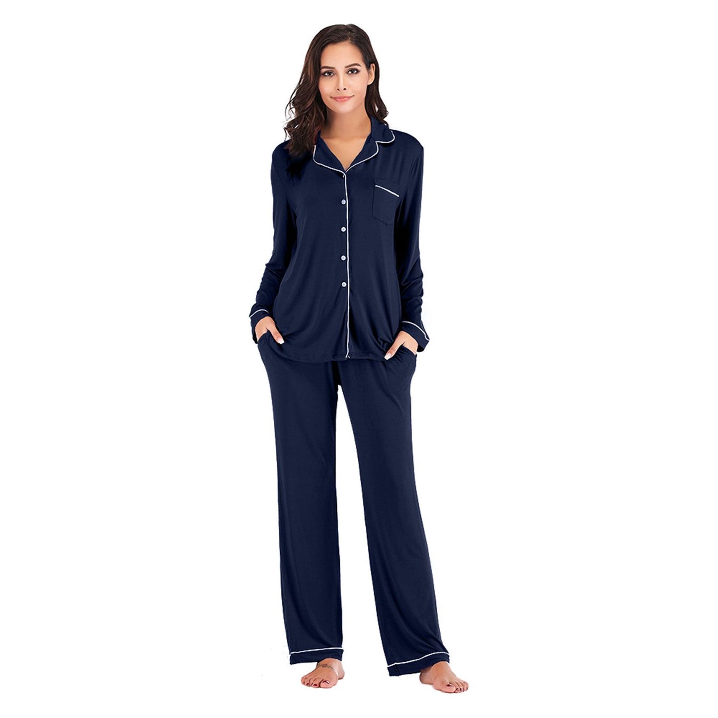 Collared Neck Long Sleeve Loungewear Set with Pockets