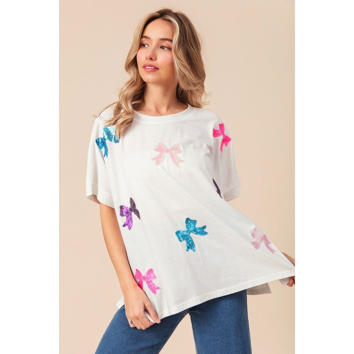 BiBi Sequin Bow Patch Short Sleeve T-Shirt