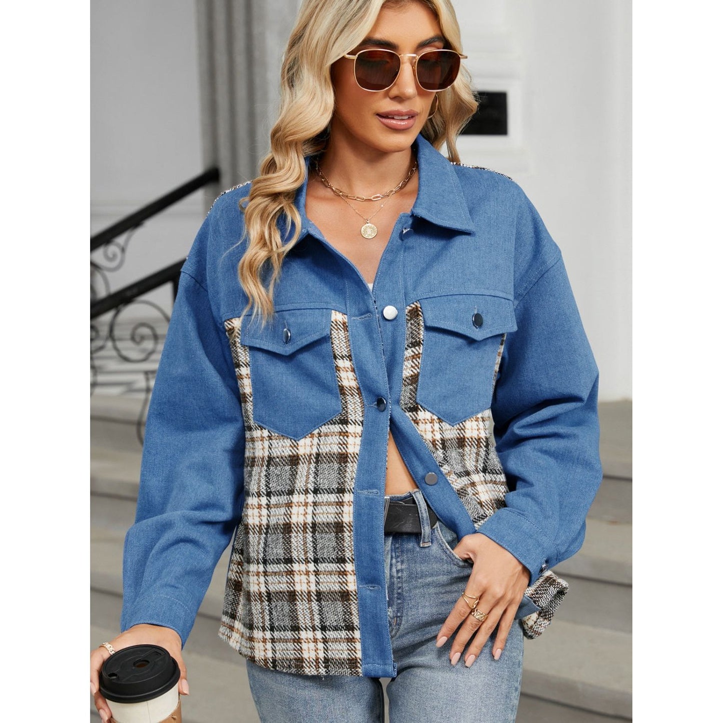 Plaid Button Up Long Sleeve Denim Jacket