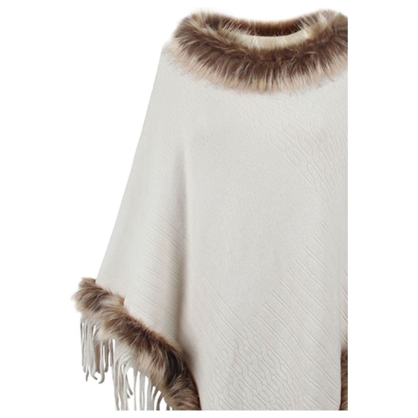 Faux Fur Trim Fringed Poncho